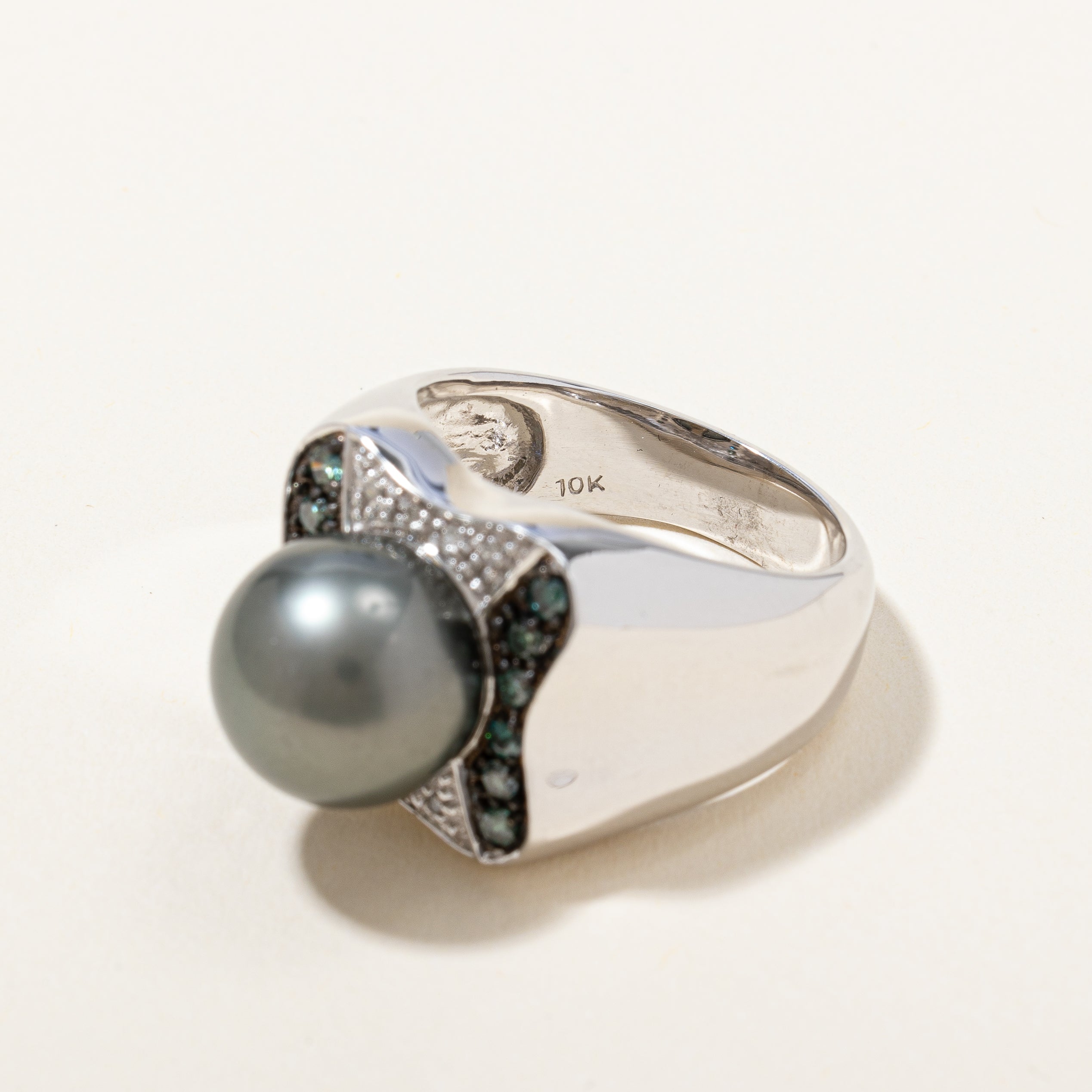 Pearl & Blue Diamond Cocktail Ring | 0.22ctw | SZ 10 |