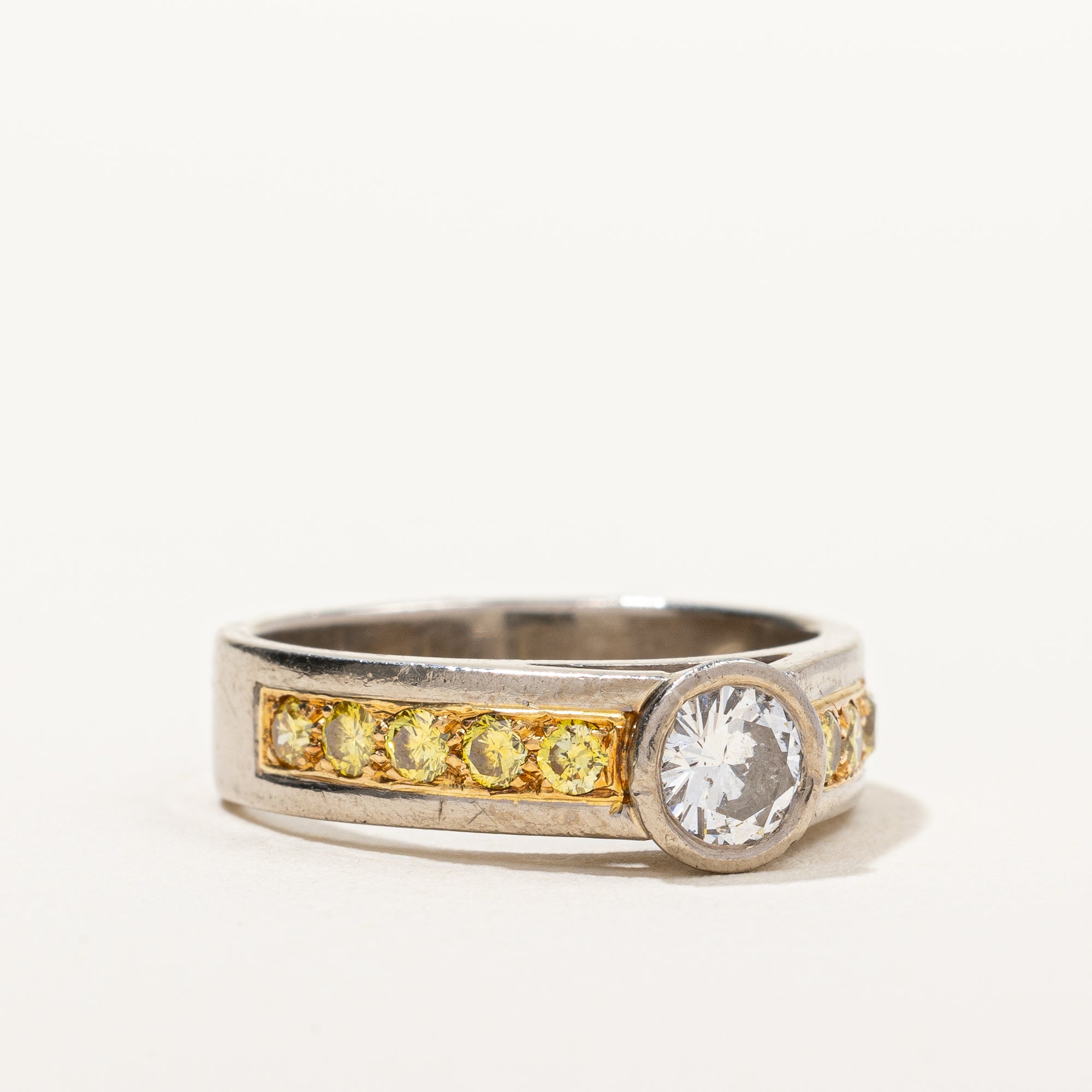 Custom Yellow Diamond Bezel Set Engagement Ring | 0.85ctw | SZ 6.5 |