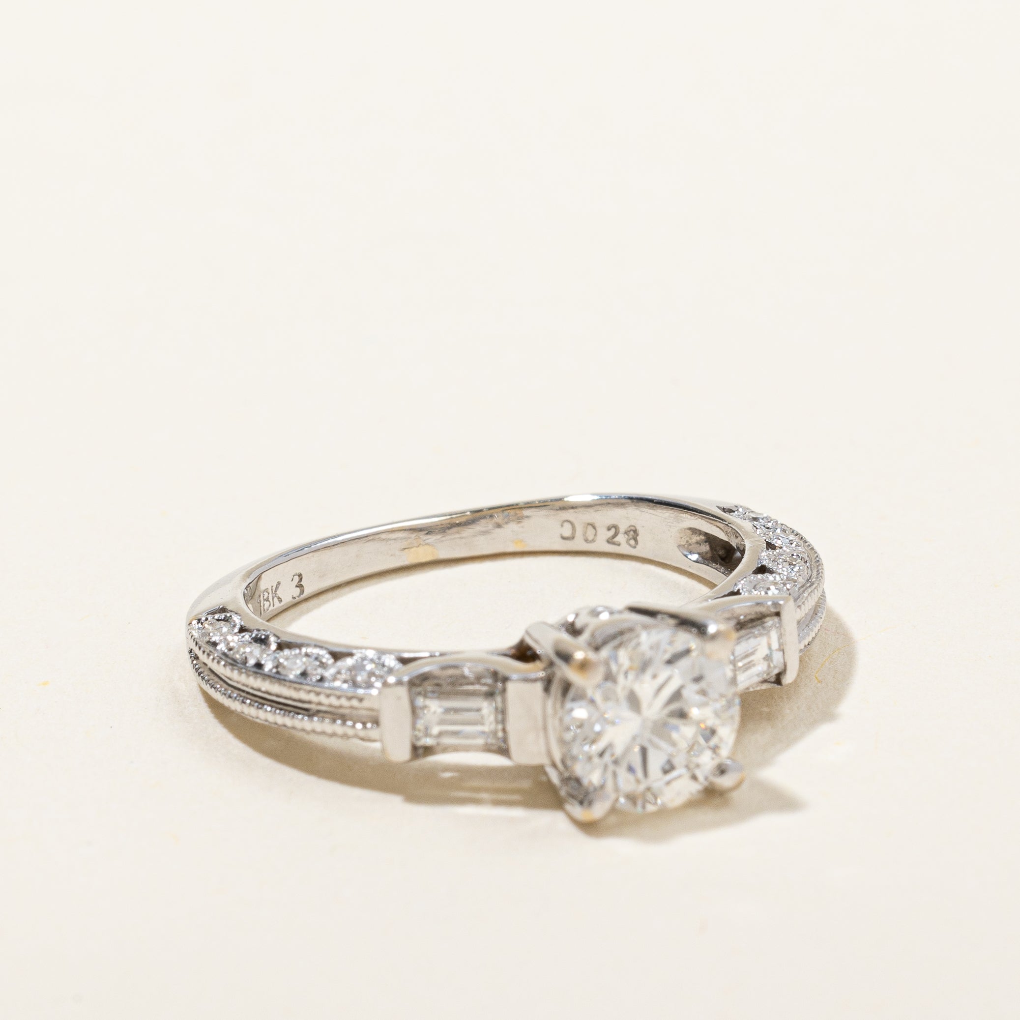 Round Brilliant Engagement Ring With Baguette Accents | 1.04 ctw | SZ 4.75|