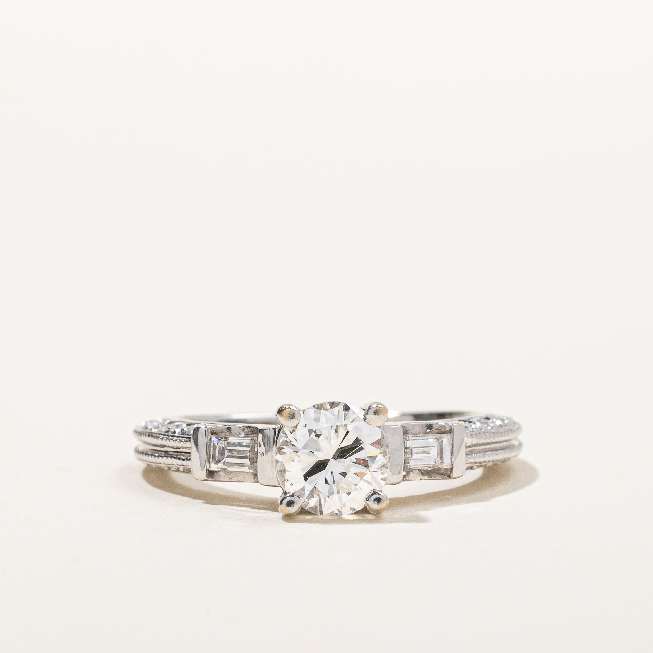 Round Brilliant Engagement Ring With Baguette Accents | 1.04 ctw | SZ 4.75|