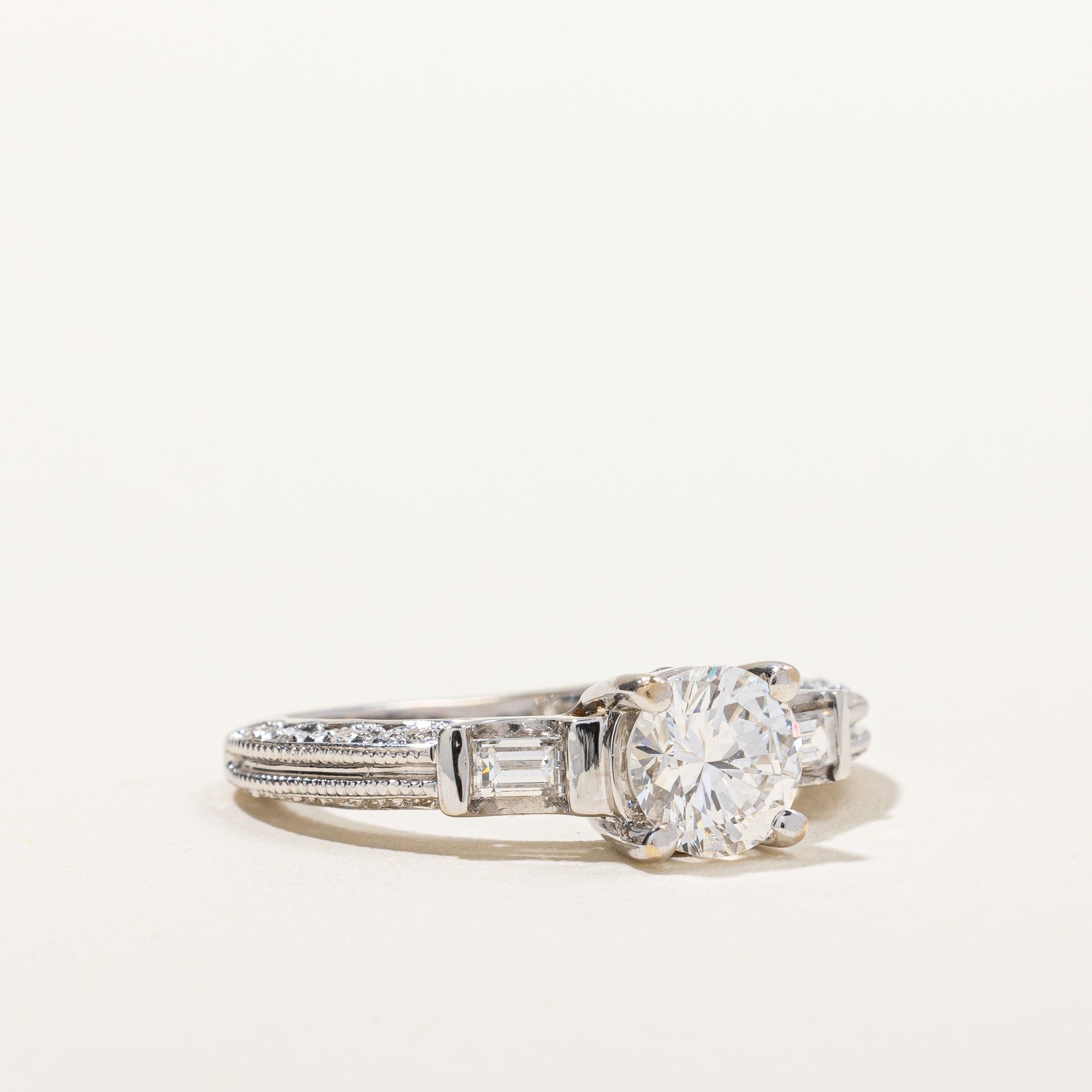 Round Brilliant Engagement Ring With Baguette Accents | 1.04 ctw | SZ 4.75|