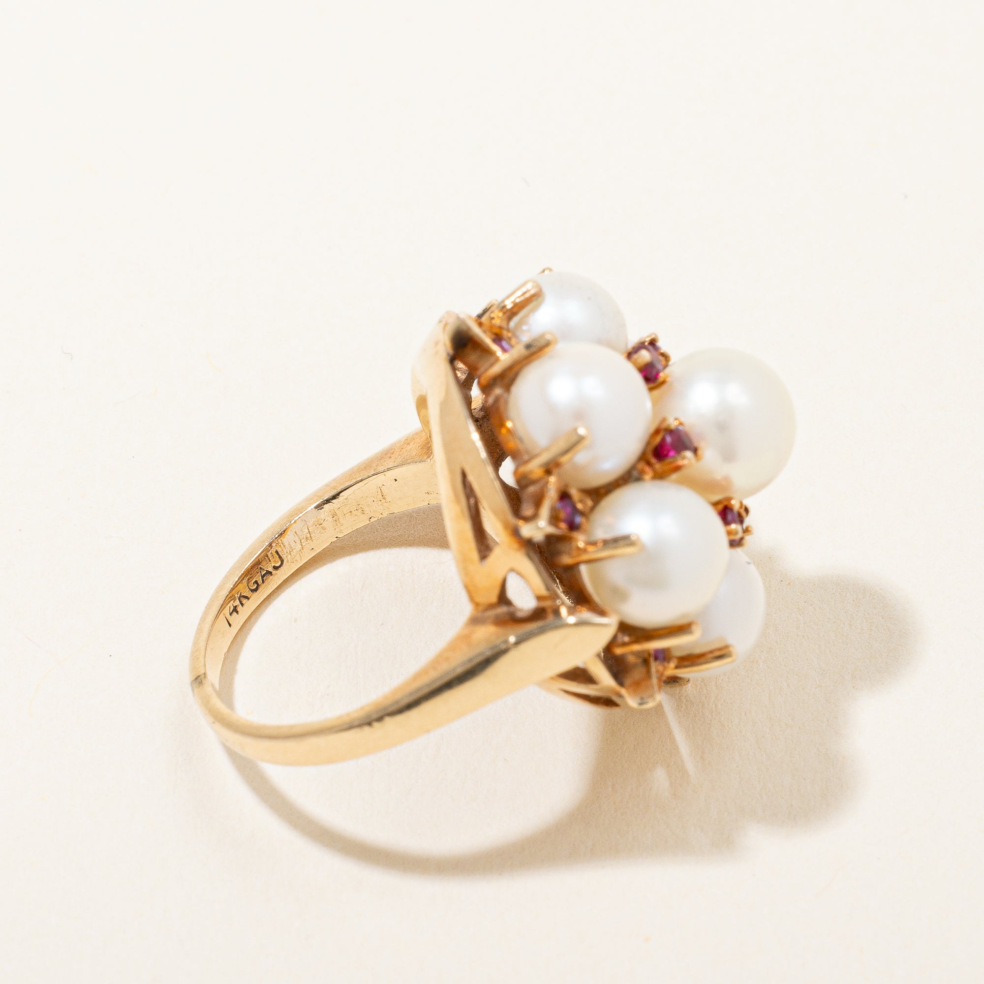 Retro Era Pearl & Ruby Cocktail Ring | SZ 5.25 |