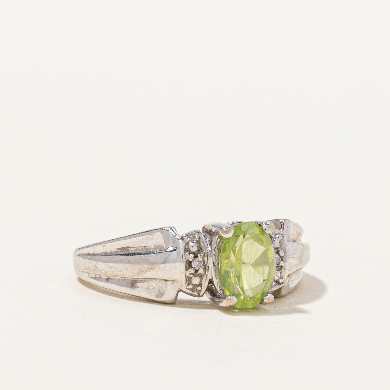 Tapered Peridot & Diamond White Gold Ring | 0.01 ctw, SZ 5.5 |