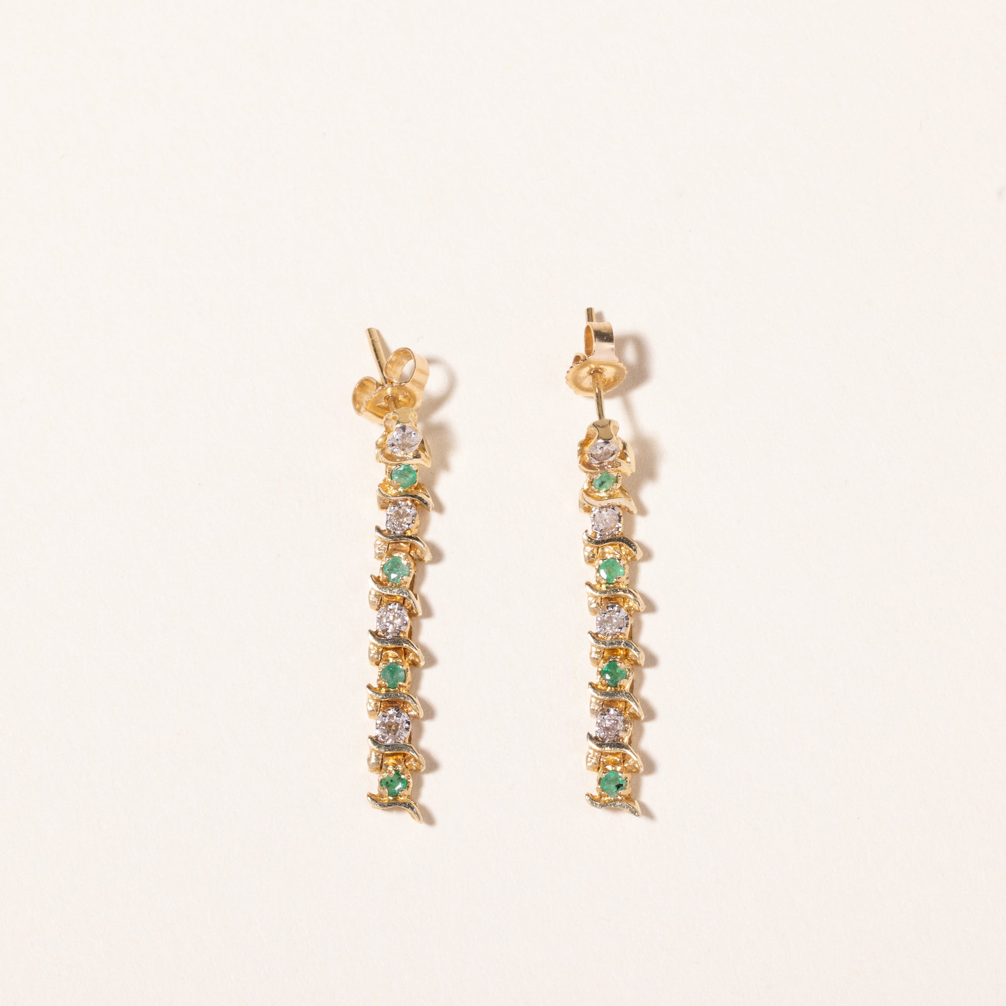 14k Yellow Gold Emerald and Diamond Earring | 0.16ctw, 0.10ct