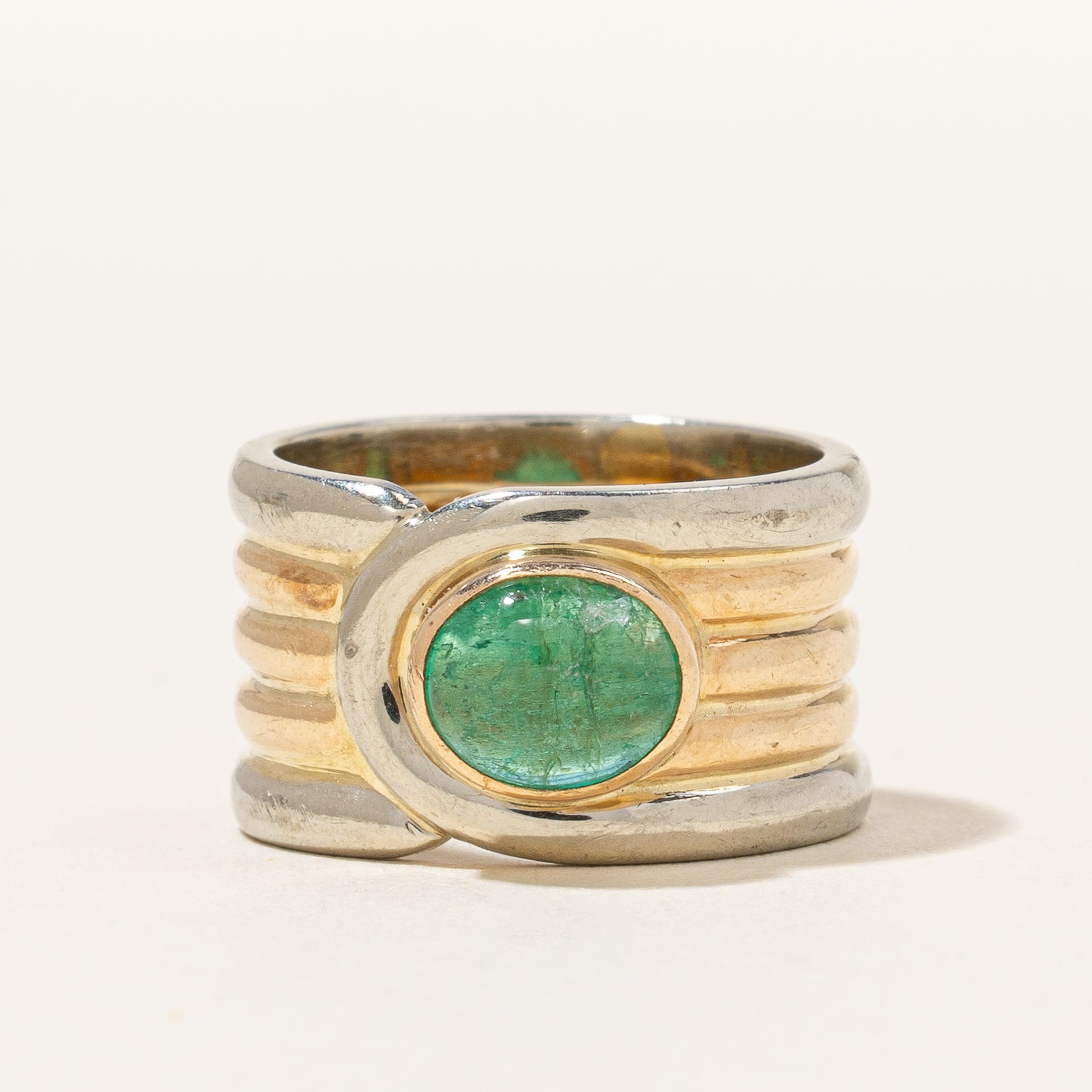 Vintage Two-Tone Natural Emerald Cabochon Ring | 0.90ct | SZ 3.5 |