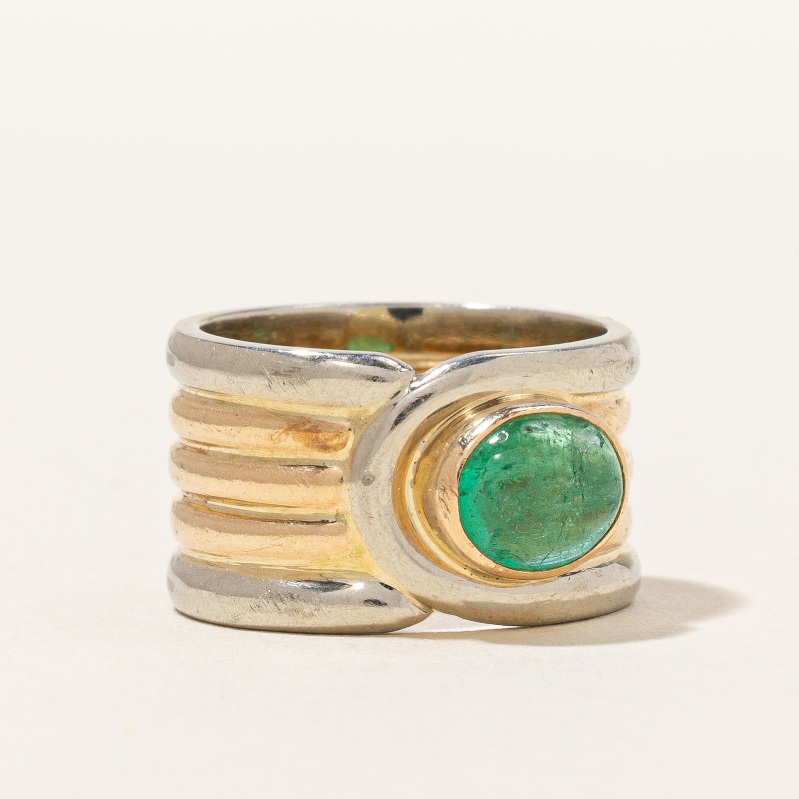Vintage Two-Tone Natural Emerald Cabochon Ring | 0.90ct | SZ 3.5 |