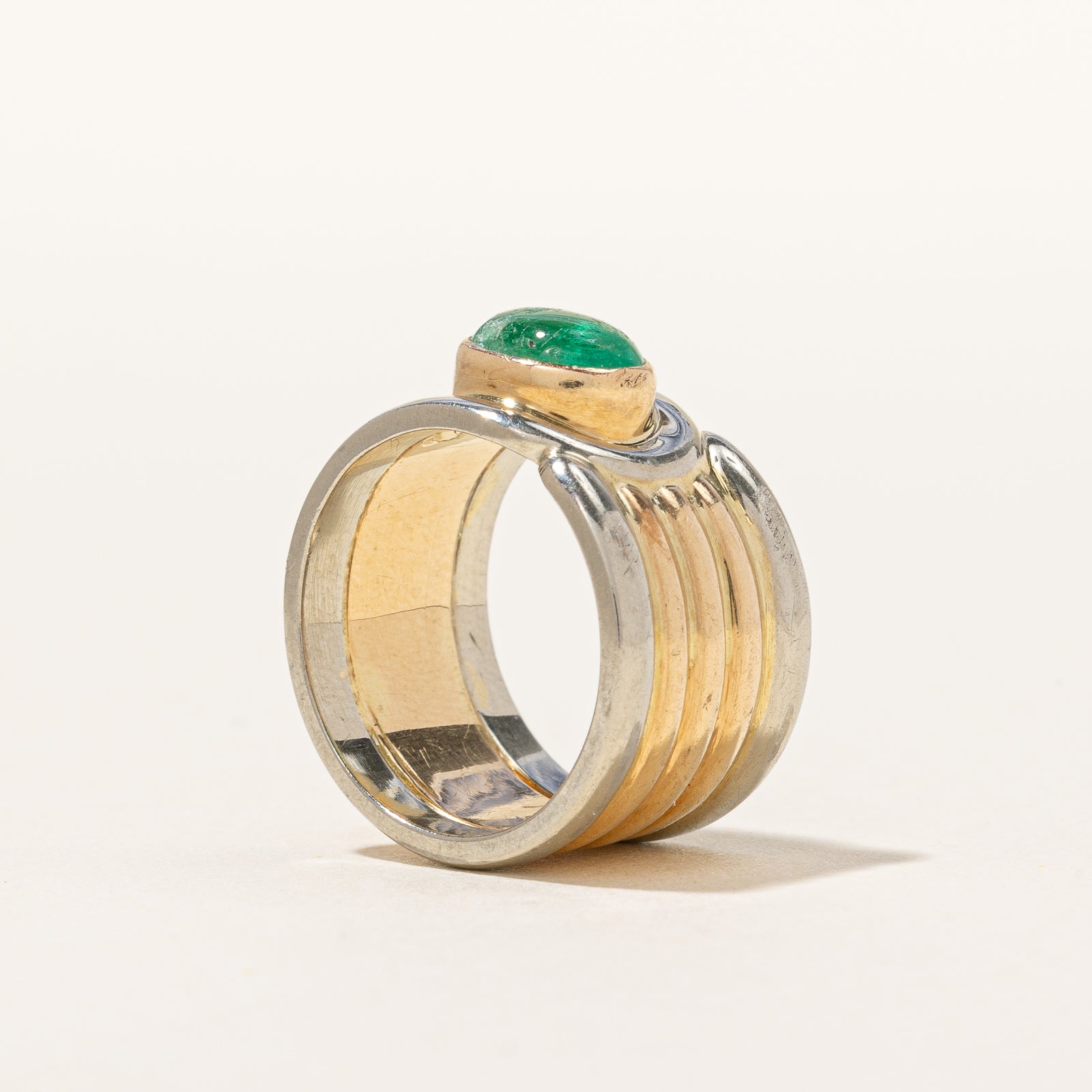 Vintage Two-Tone Natural Emerald Cabochon Ring | 0.90ct | SZ 3.5 |