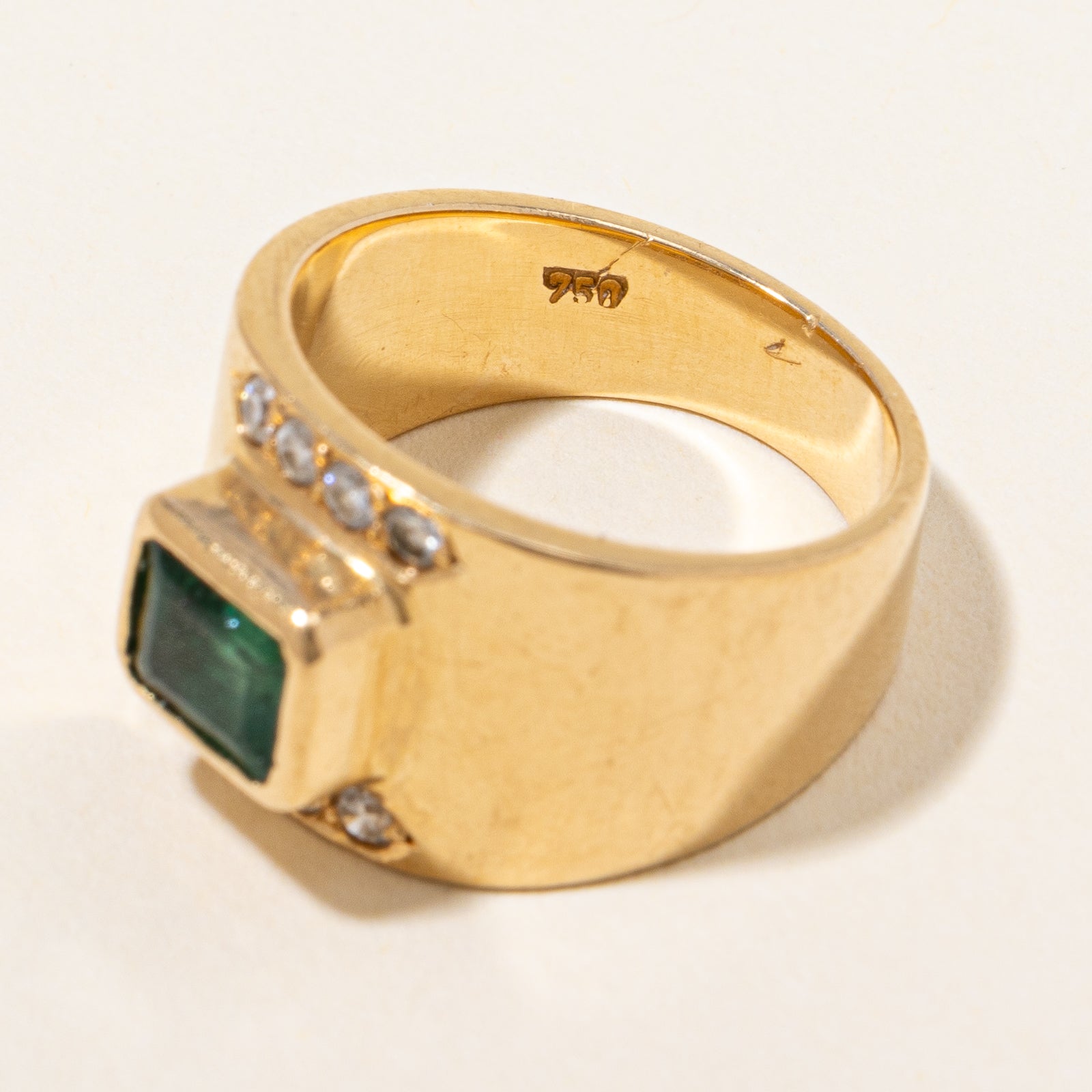 Bezel Set Emerald & Diamond Ring | 0.16ctw, 1.12ct | SZ 5 |