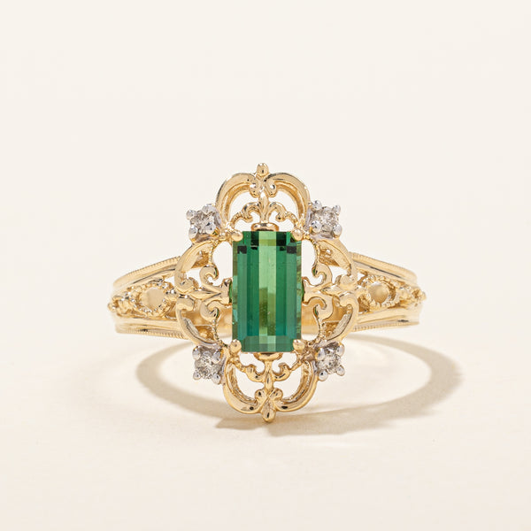 Ornate Tourmaline & Diamond Ring | 1.01ct, 0.08ctw | SZ 9.5 |