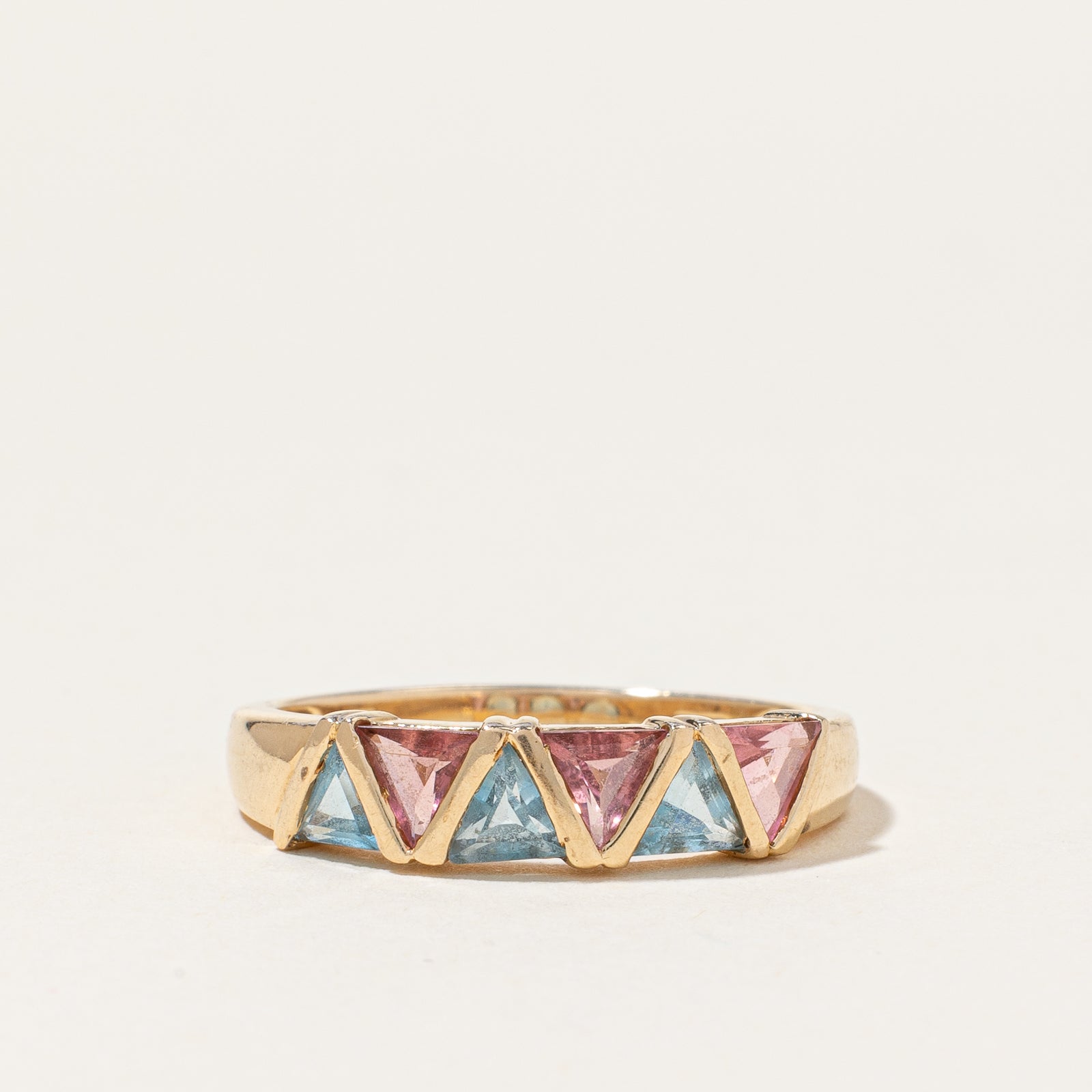 14K Yellow Gold Pink Quartz and Blue Topaz Ring | 4.50ctw, 5.79ctw | SZ 8