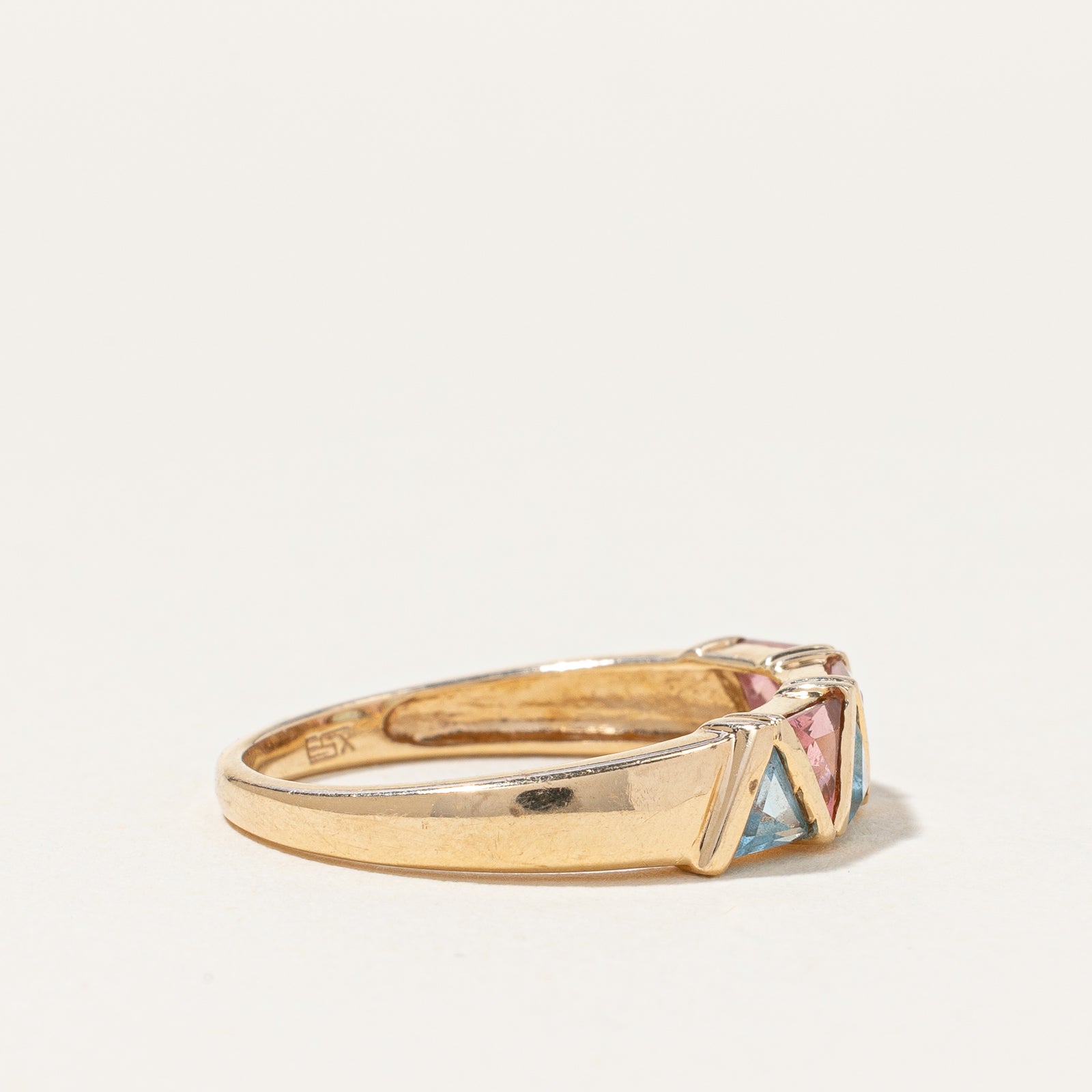 14K Yellow Gold Pink Quartz and Blue Topaz Ring | 4.50ctw, 5.79ctw | SZ 8