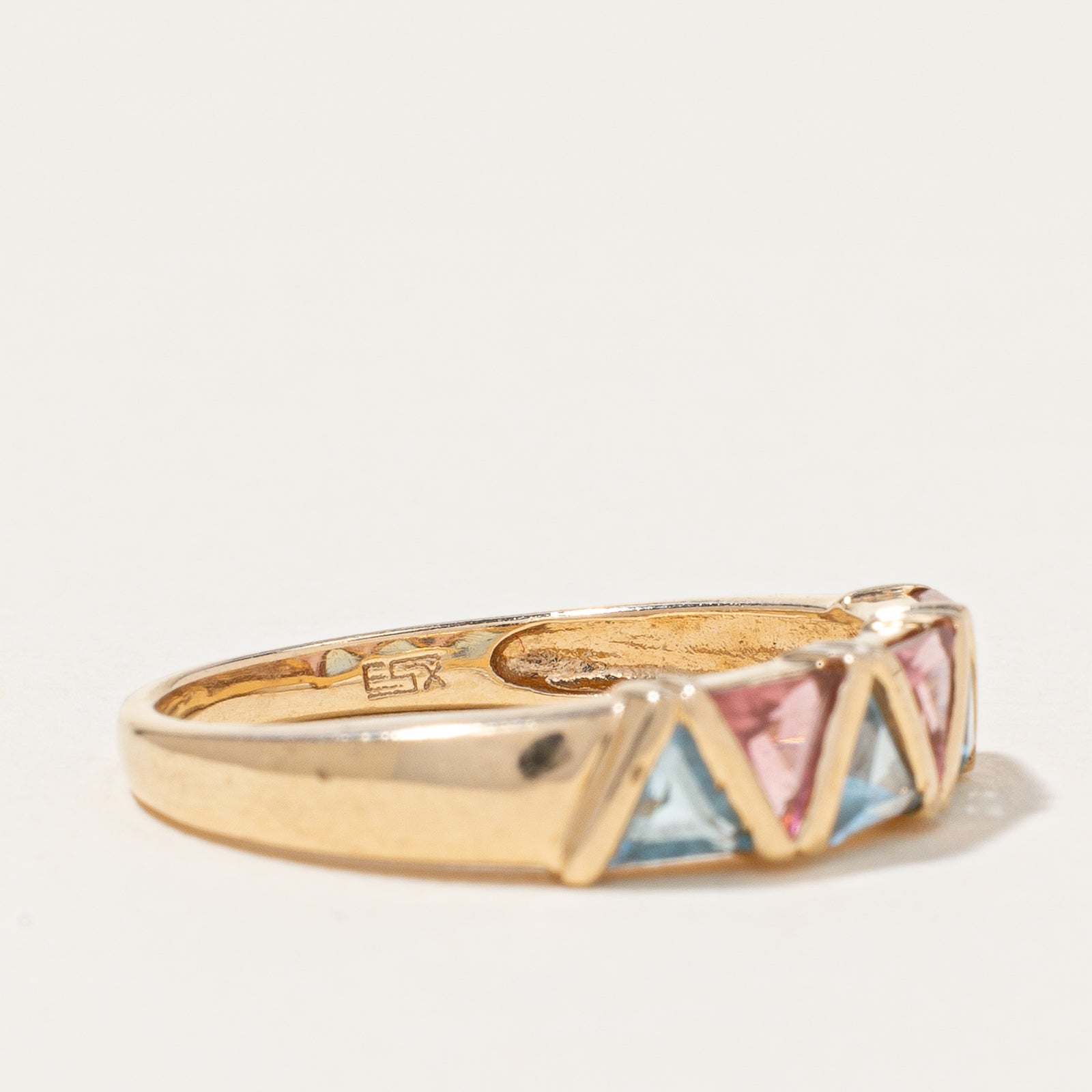 14K Yellow Gold Pink Quartz and Blue Topaz Ring | 4.50ctw, 5.79ctw | SZ 8