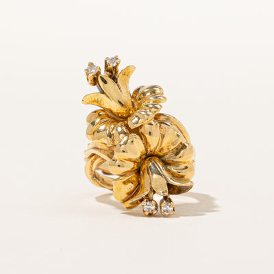 Retro Floral Cocktail Ring with Diamond Accents | 0.12ctw | SZ 6 |