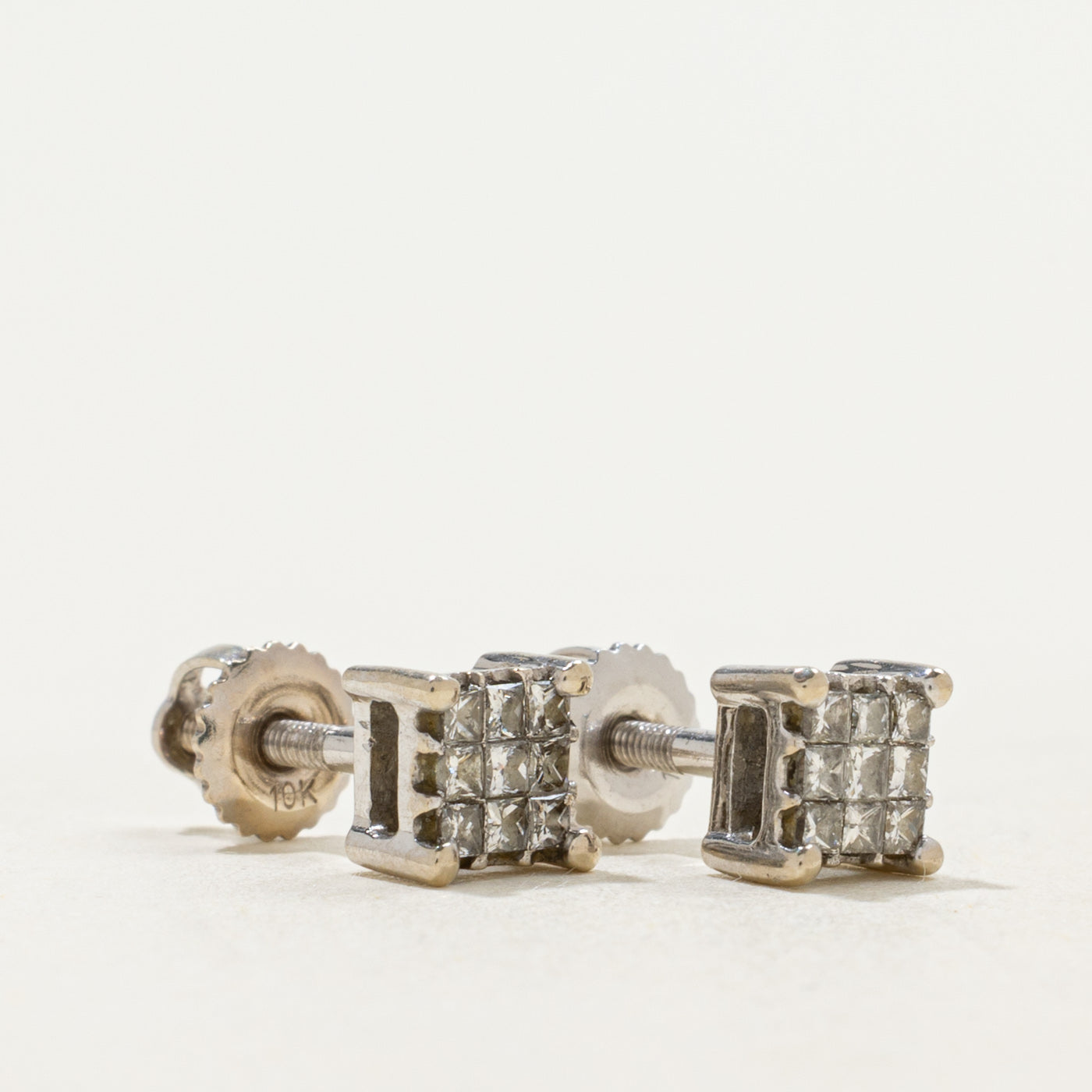 10k Princess Cut Invisible Set Diamond Stud Earrings | 0.18ctw |