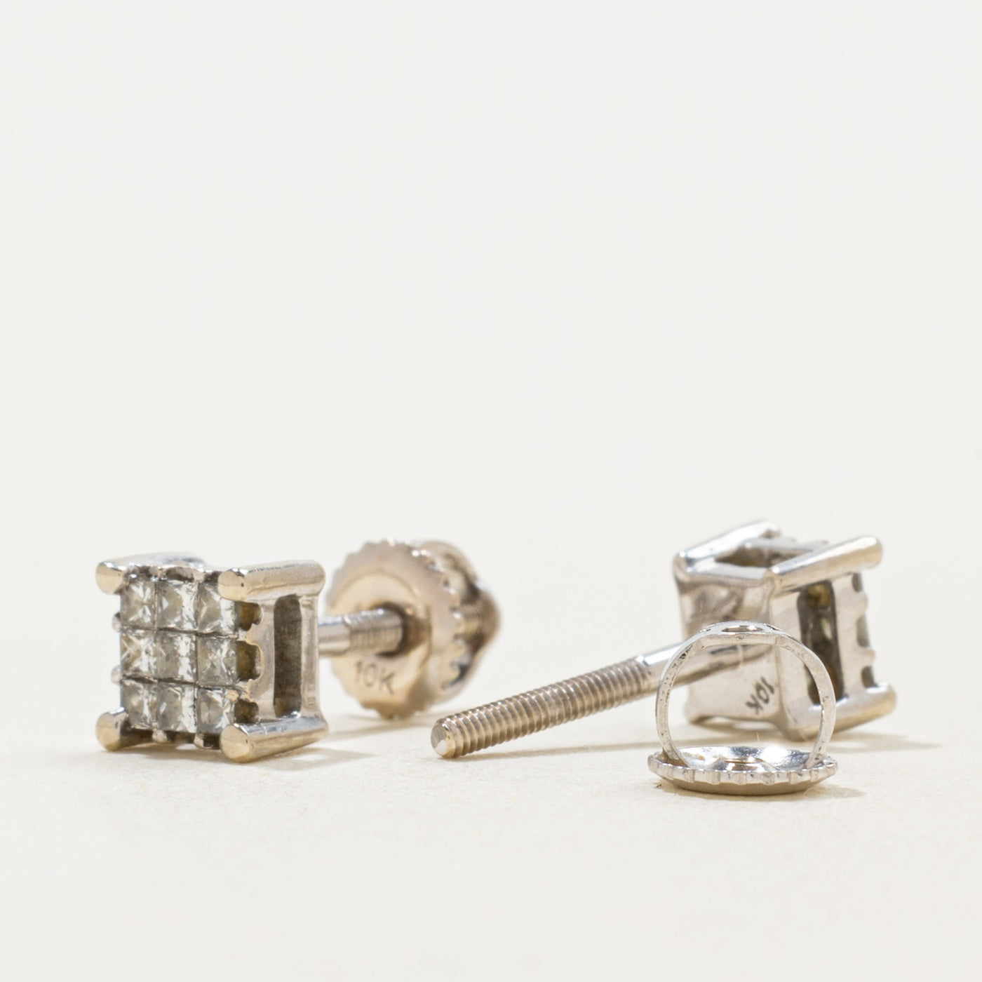 10k Princess Cut Invisible Set Diamond Stud Earrings | 0.18ctw |