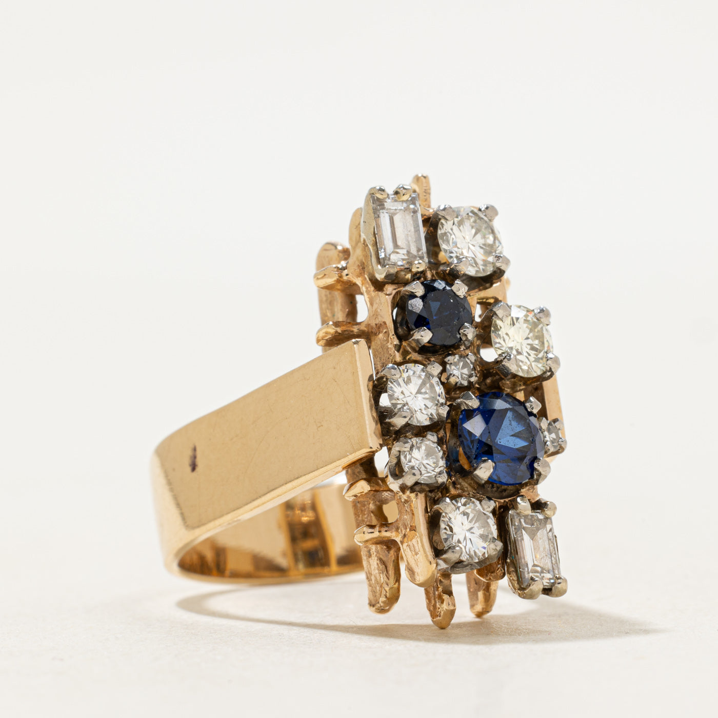 Abstract Diamond, Synthetic Sapphire and Sapphire 14k Multi-Stone Ring | 1.08ct, 0.9ctw, 0.25ctw | SZ 6.75 |