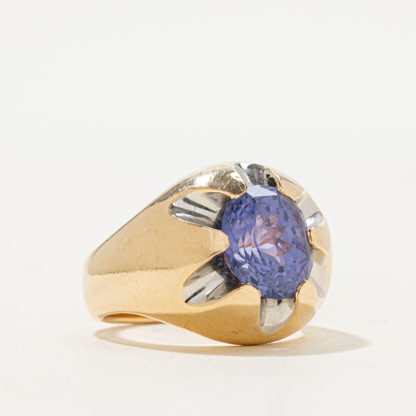 Two Tone Belcher Set Purple Sapphire Ring | 4.55ct | SZ 6.75 |