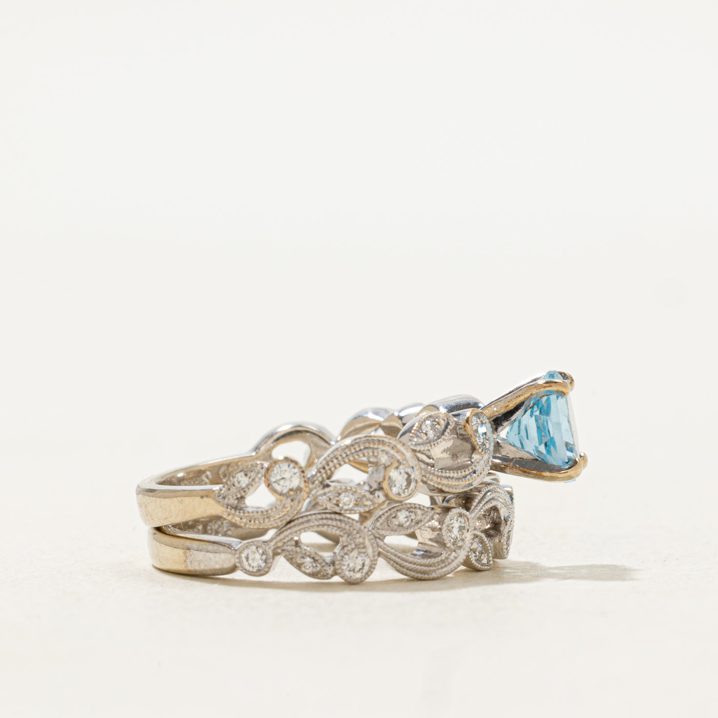 'Simon G' Blue Topaz Trellis Wedding Set | 0.80ct, 0.26ctw | SZ 4.5 |