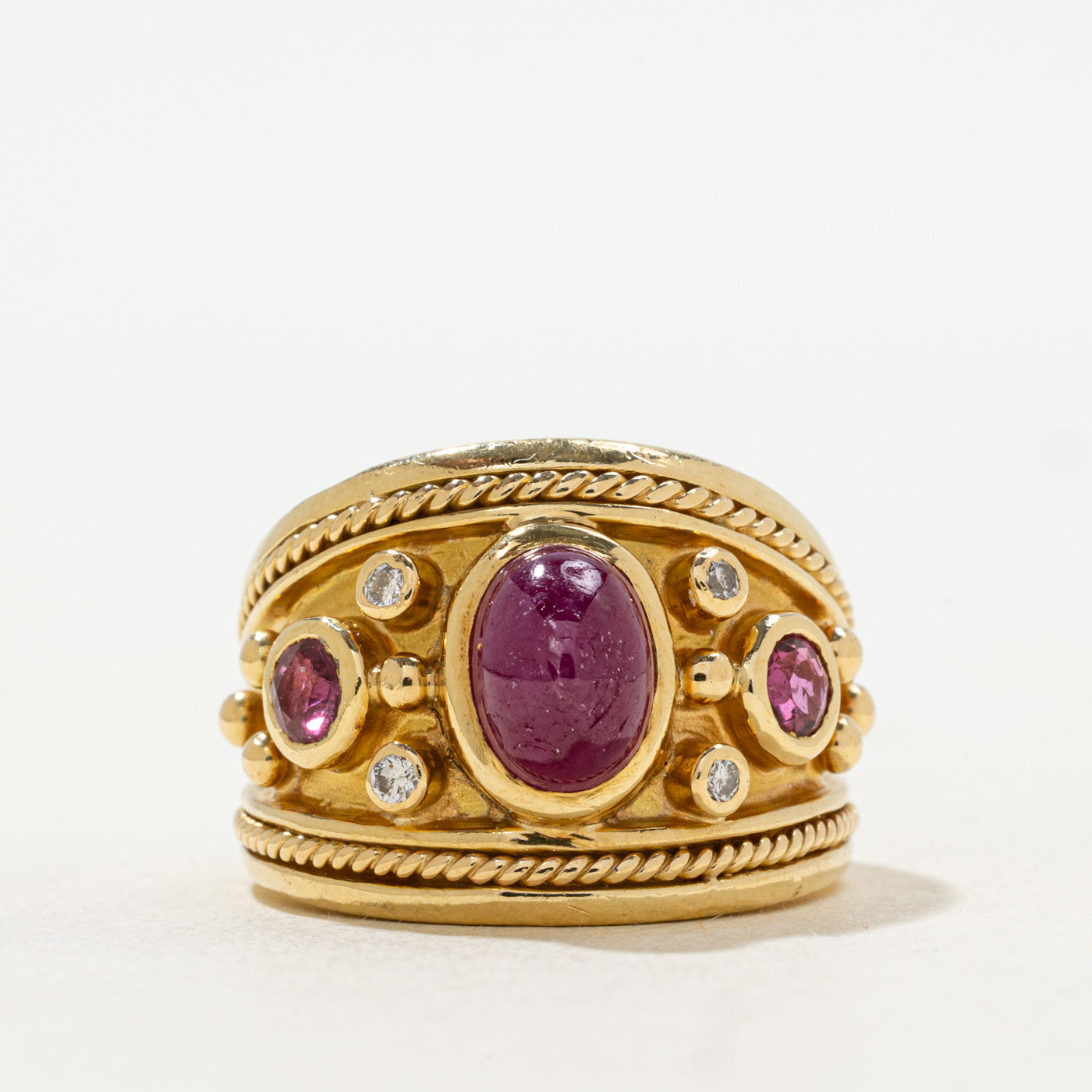 Bezel Set Ruby & Diamond Filigree Wide Ring | 0.06 ctw, SZ 7.5 |