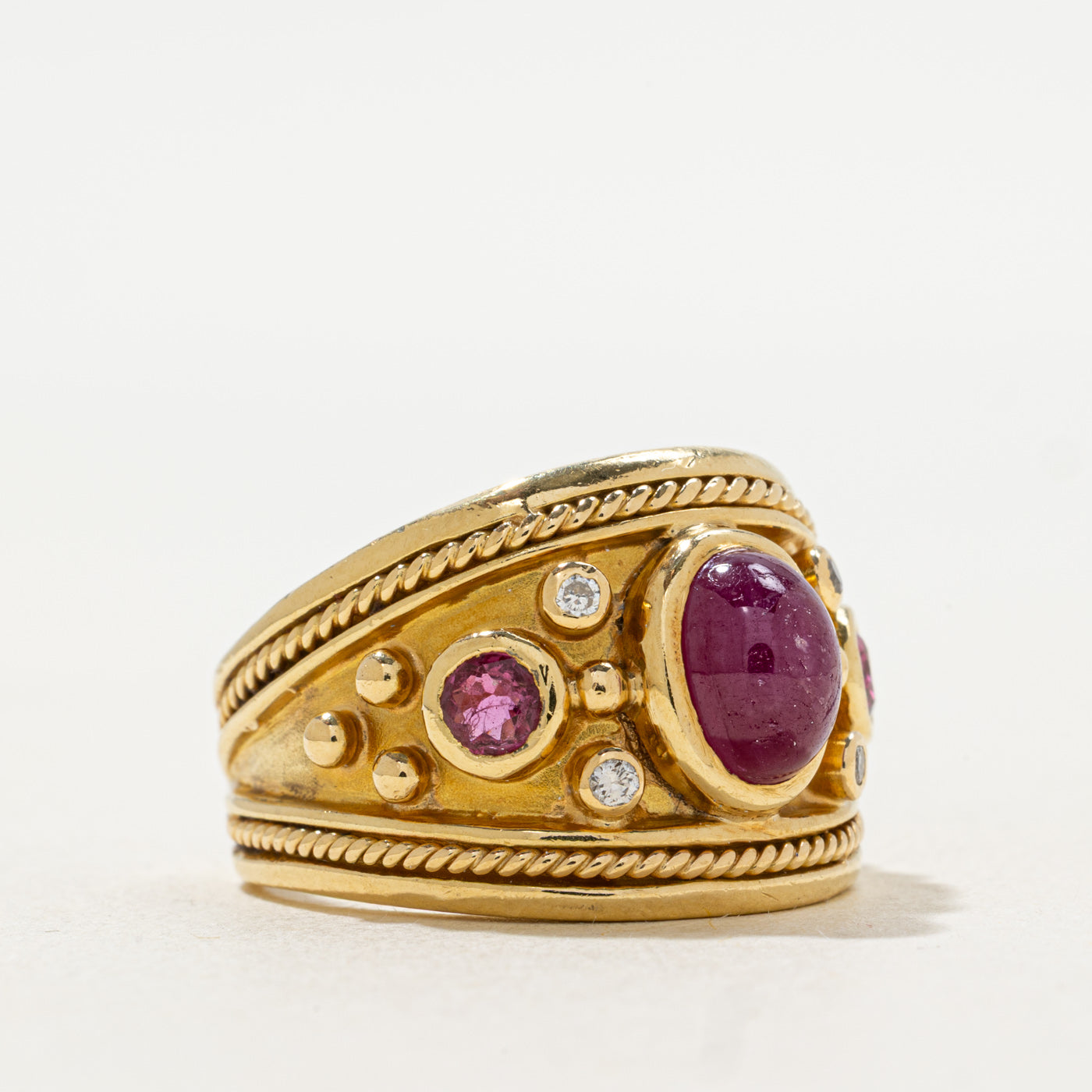 Bezel Set Ruby & Diamond Filigree Wide Ring | 0.06 ctw, SZ 7.5 |