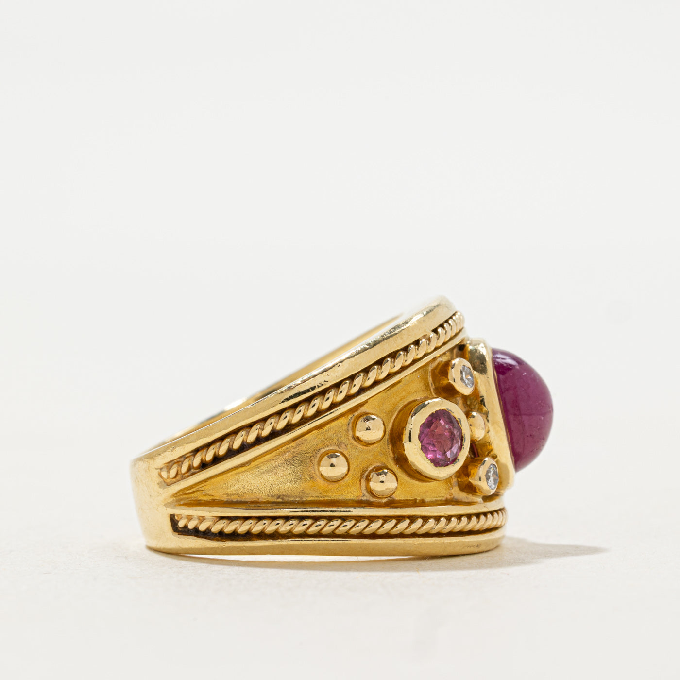 Bezel Set Ruby & Diamond Filigree Wide Ring | 0.06 ctw, SZ 7.5 |