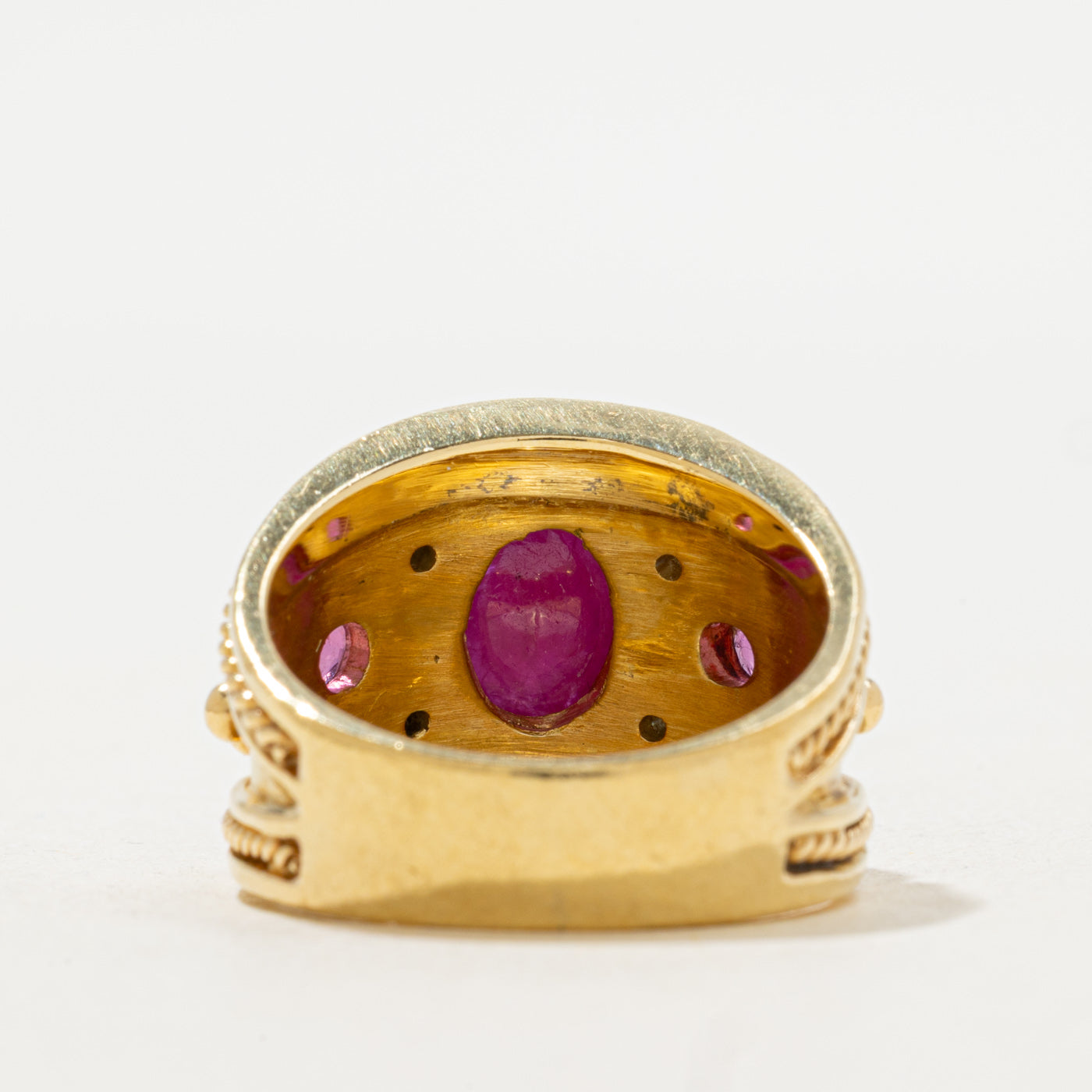Bezel Set Ruby & Diamond Filigree Wide Ring | 0.06 ctw, SZ 7.5 |