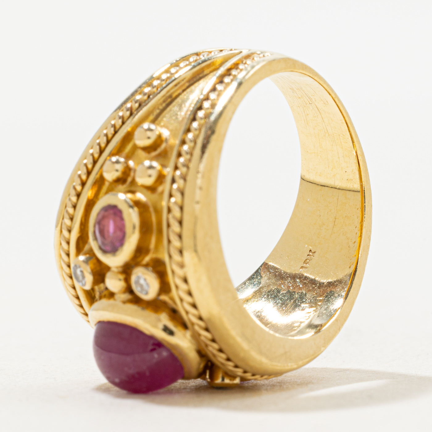 Bezel Set Ruby & Diamond Filigree Wide Ring | 0.06 ctw, SZ 7.5 |