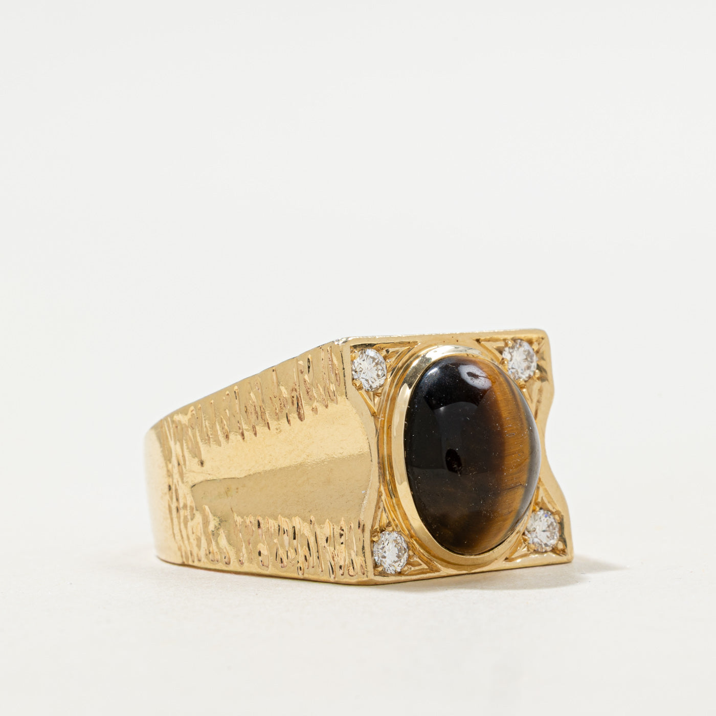 Tiger's Eye & Diamond Signet Ring | 4.00ct, 0.22ctw | SZ 10.5 |