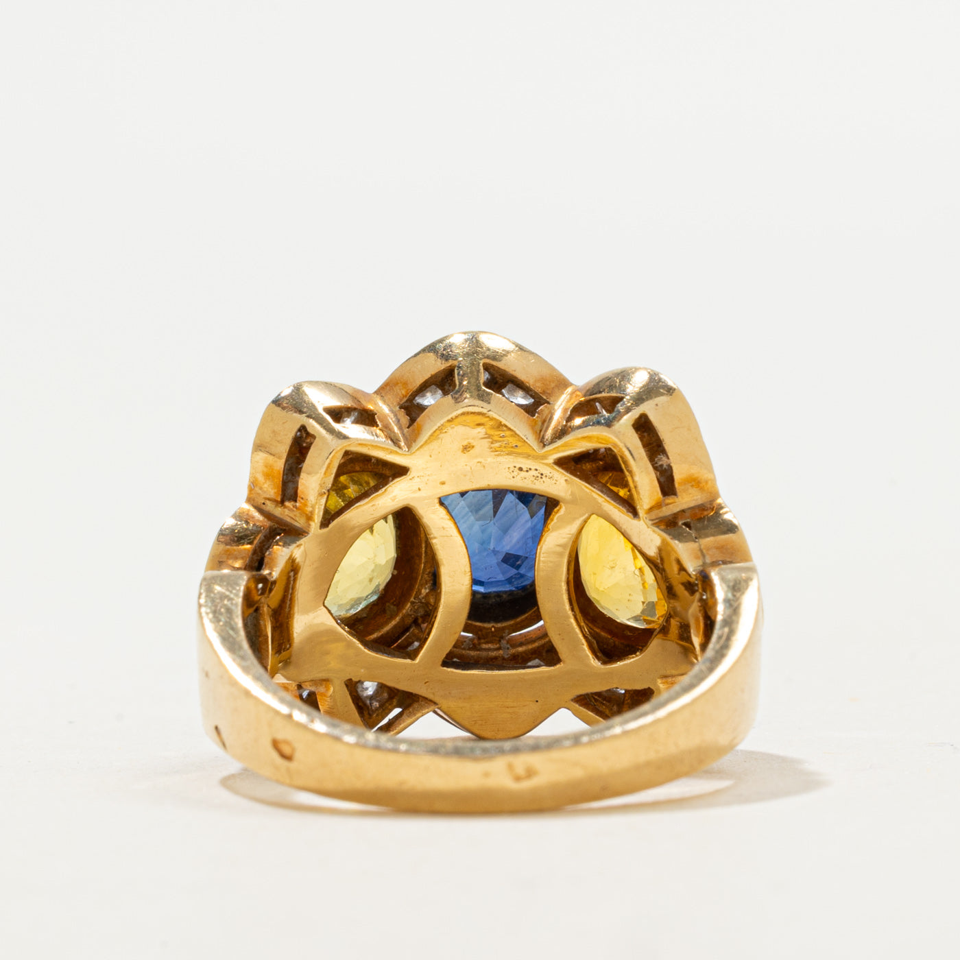 Bague en or 14 carats sertie de saphirs bleus et jaunes et de diamants | 1,45 ct, 2,30 ct au total, 0,49 ct au total | Taille 5,5 | 