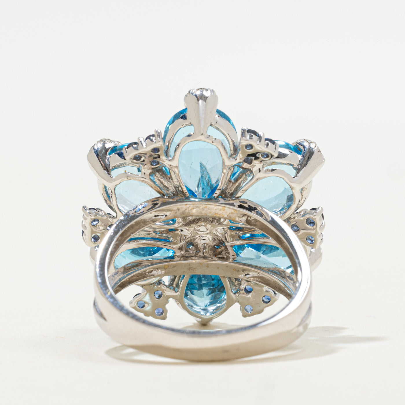 18K White Gold Blue Topaz, Sapphire, and Diamond Ring | 18.48 ctw, 0.42 ctw, 0.65 ctw | SZ 9 |