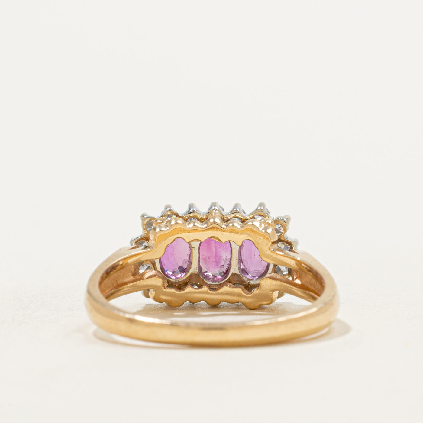 Ruby & Diamond Three Stone Halo Ring | 0.90ctw, 0.15ctw | SZ 6.25 |