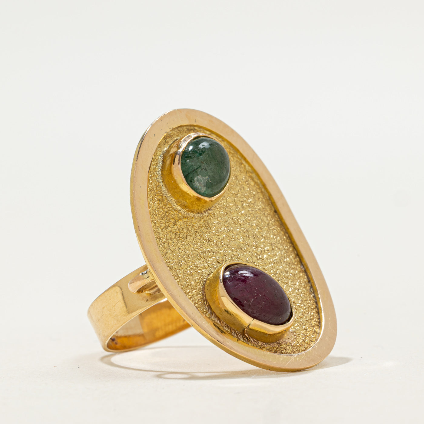 Bezel Set Ruby and Emerald Cabochon Ring | 1.4 ctw, 1.1 ctw| SZ 8.5 |