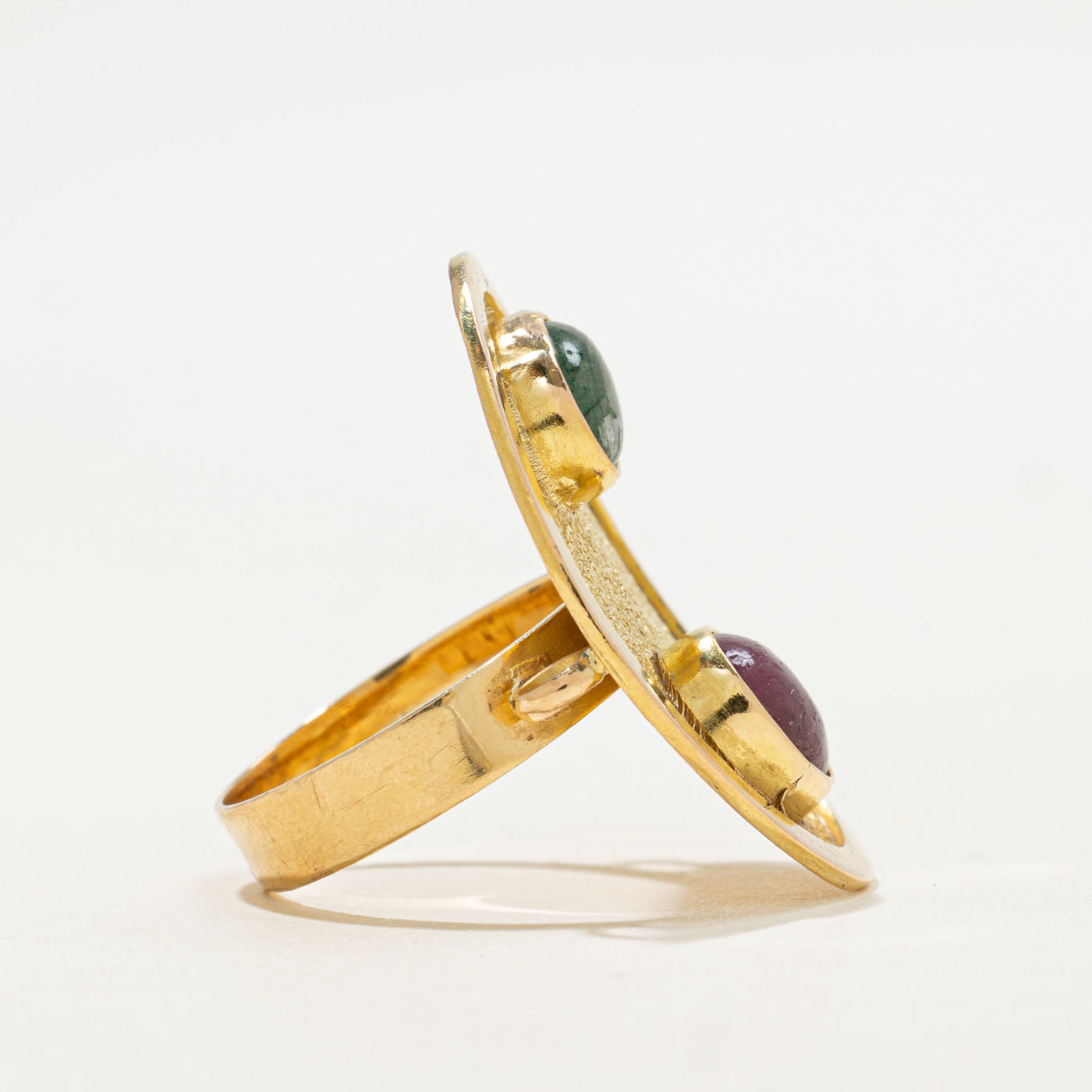 Bezel Set Ruby and Emerald Cabochon Ring | 1.4 ctw, 1.1 ctw| SZ 8.5 |