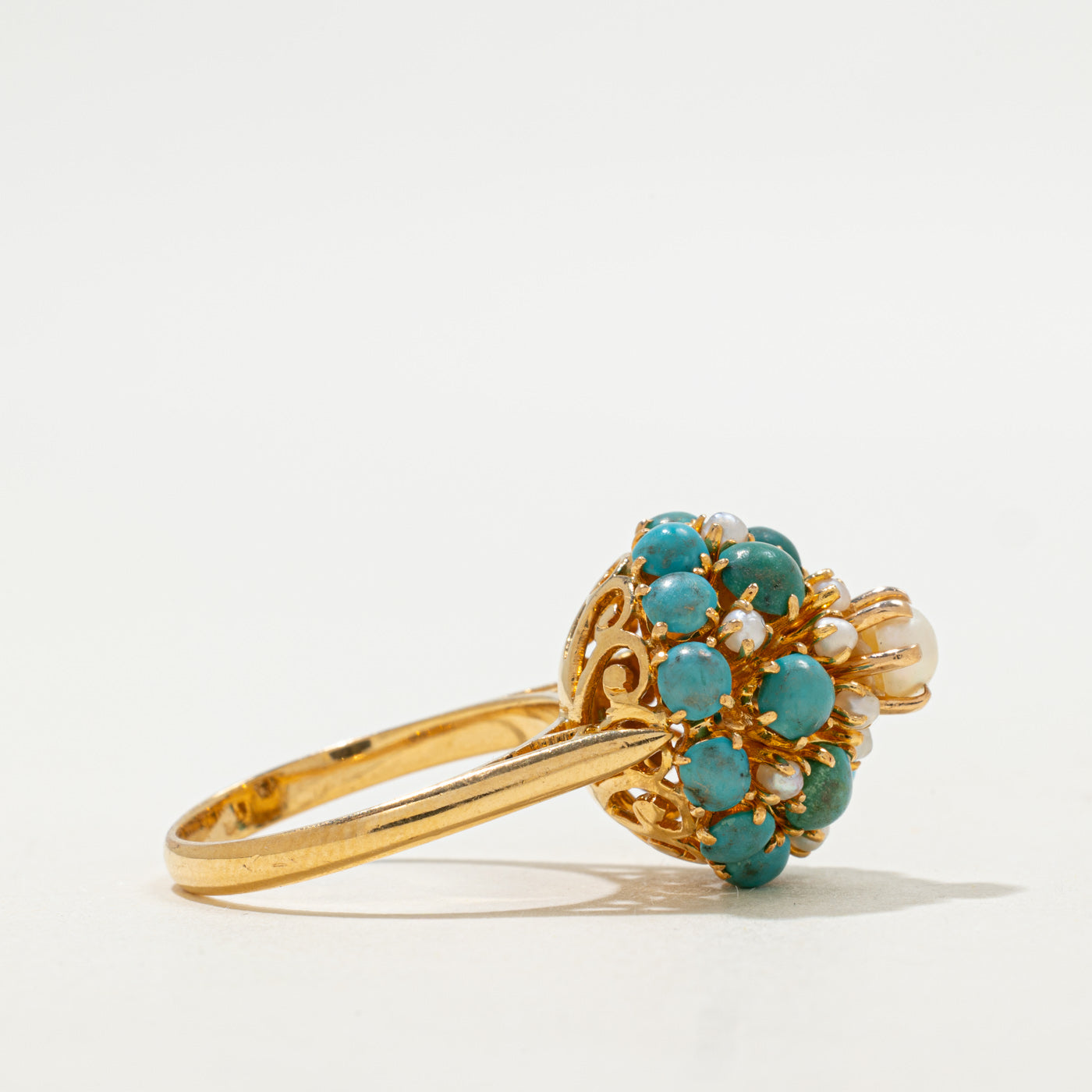 Bague cocktail turquoise et perle en or 20 carats | 3,30 ct | Taille 9 |