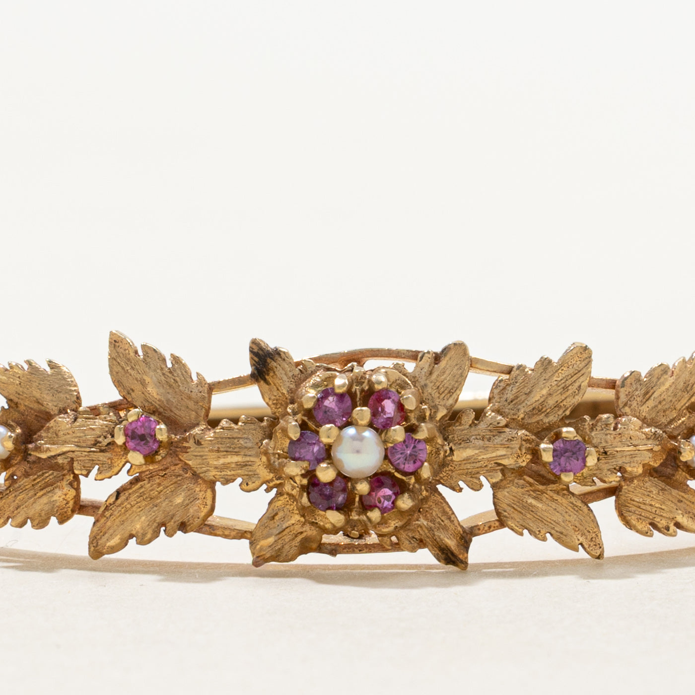 Ruby & Seed Pearl Floral Leafy Bangle | 0.36ctw | 6" |
