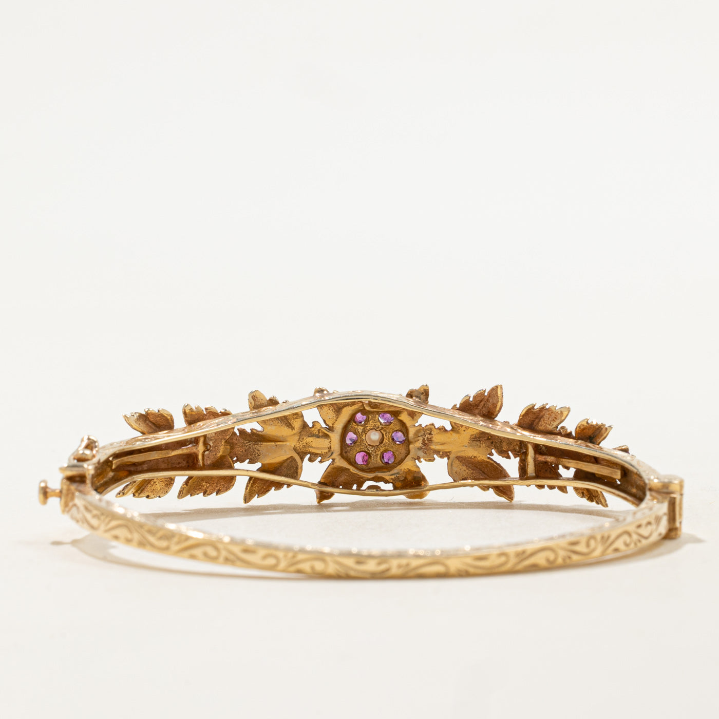 Ruby & Seed Pearl Floral Leafy Bangle | 0.36ctw | 6" |
