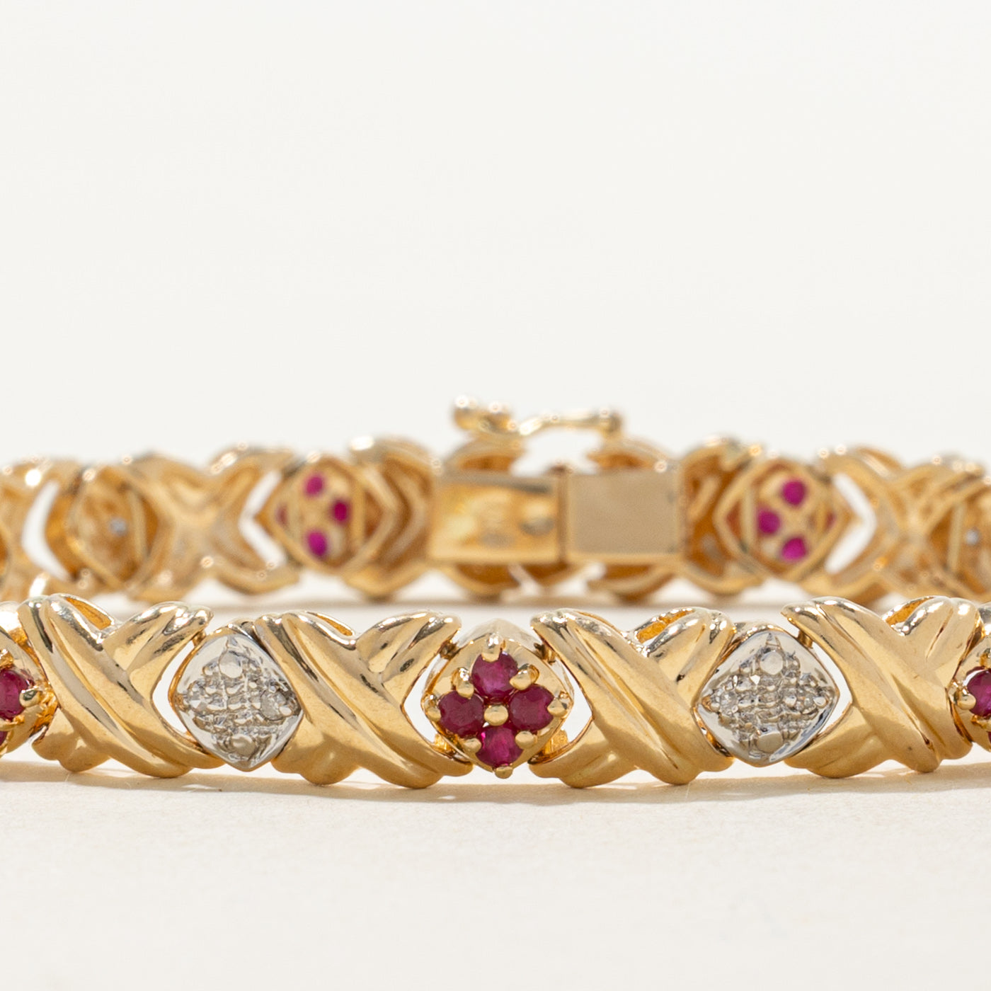 Ruby & Diamond Cluster X Grooved Gemstone Bracelet | 1.00ctw, 0.09ctw | 7" |