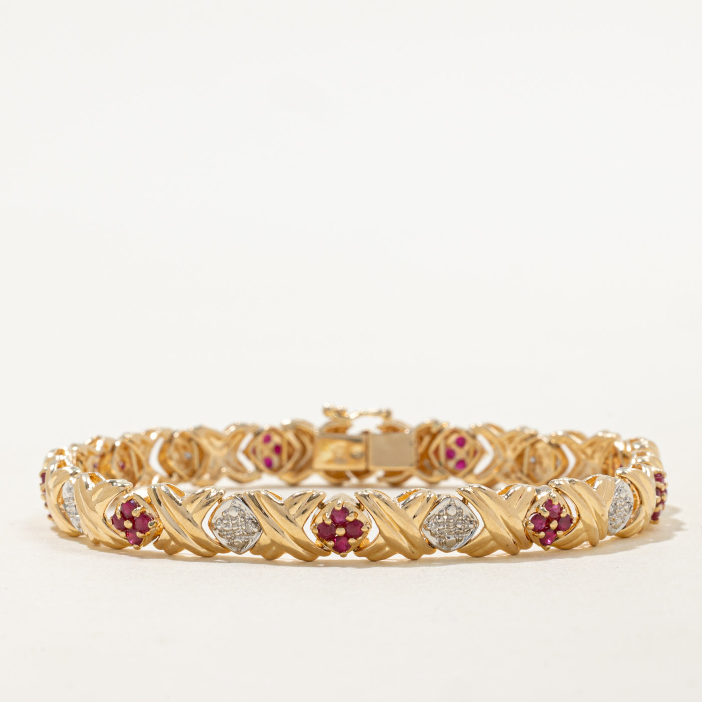 Ruby & Diamond Cluster X Grooved Gemstone Bracelet | 1.00ctw, 0.09ctw | 7" |