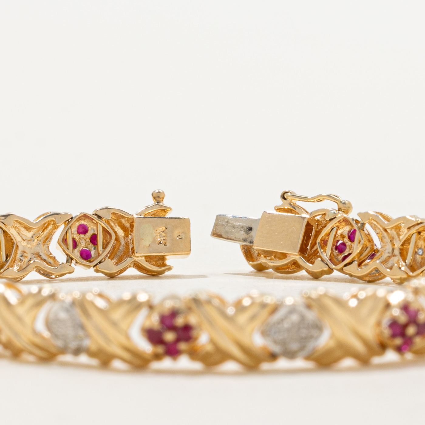Ruby & Diamond Cluster X Grooved Gemstone Bracelet | 1.00ctw, 0.09ctw | 7" |