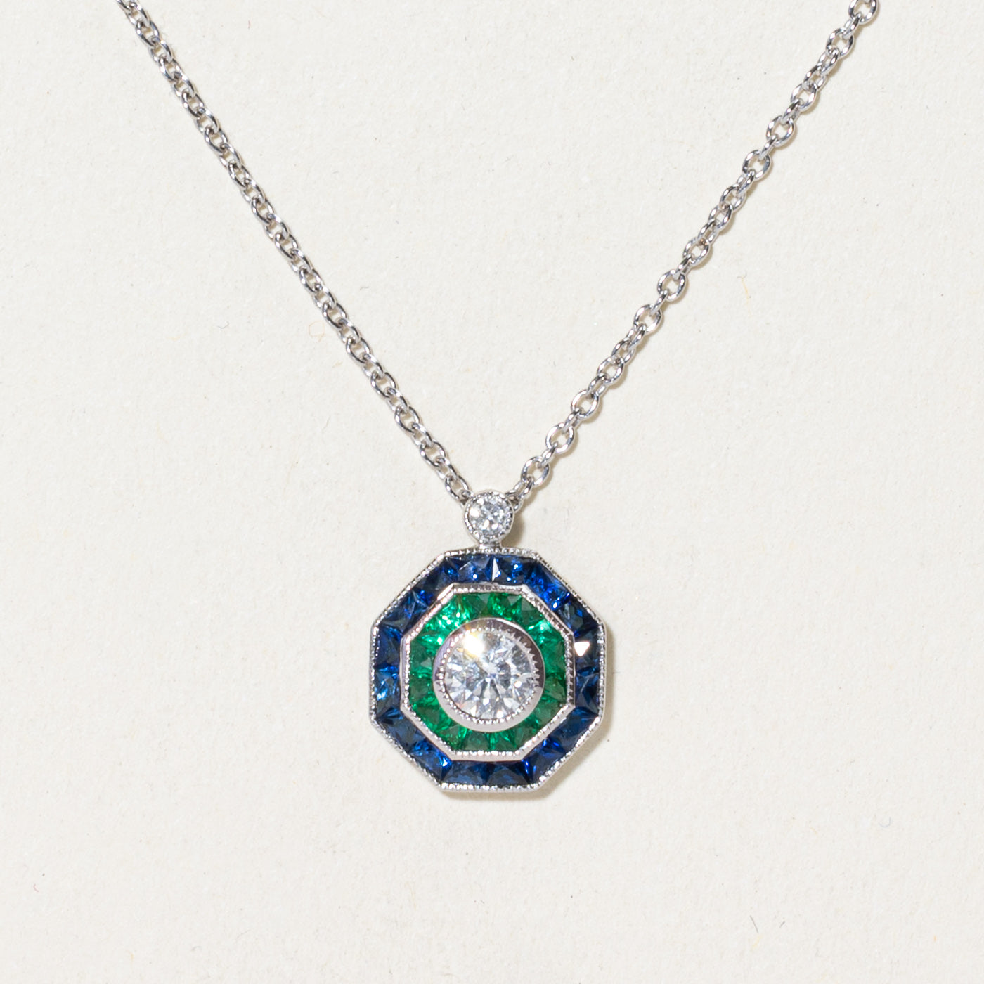 '100 Ways' Art Deco Inspired Diamond, Emerald & Sapphire Necklace | 0.27ct, 1.50ctw | 18" |