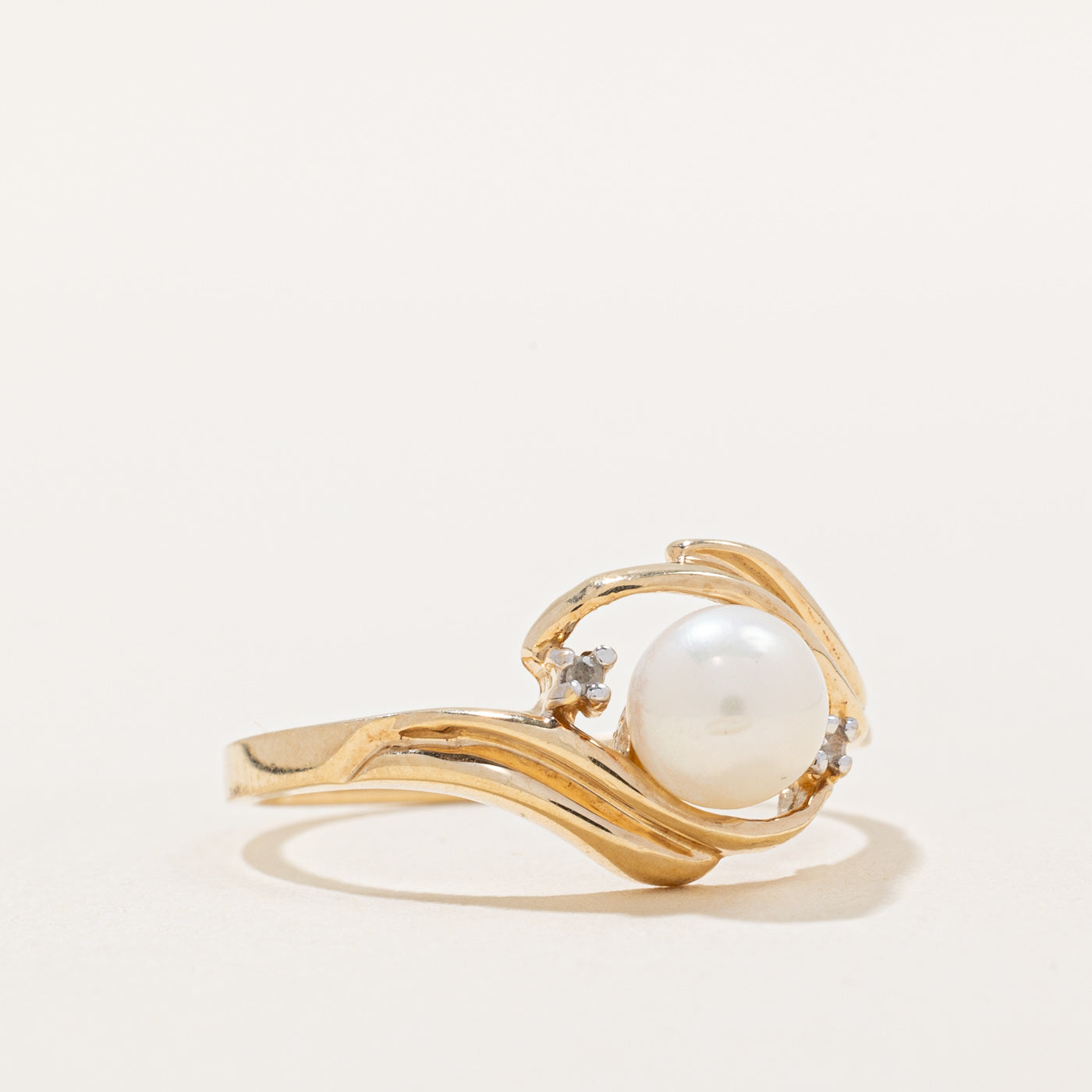 Three Stone Pearl & Diamond Bypass Ring | 6.00mm, 0.01ctw | SZ 6.75 |