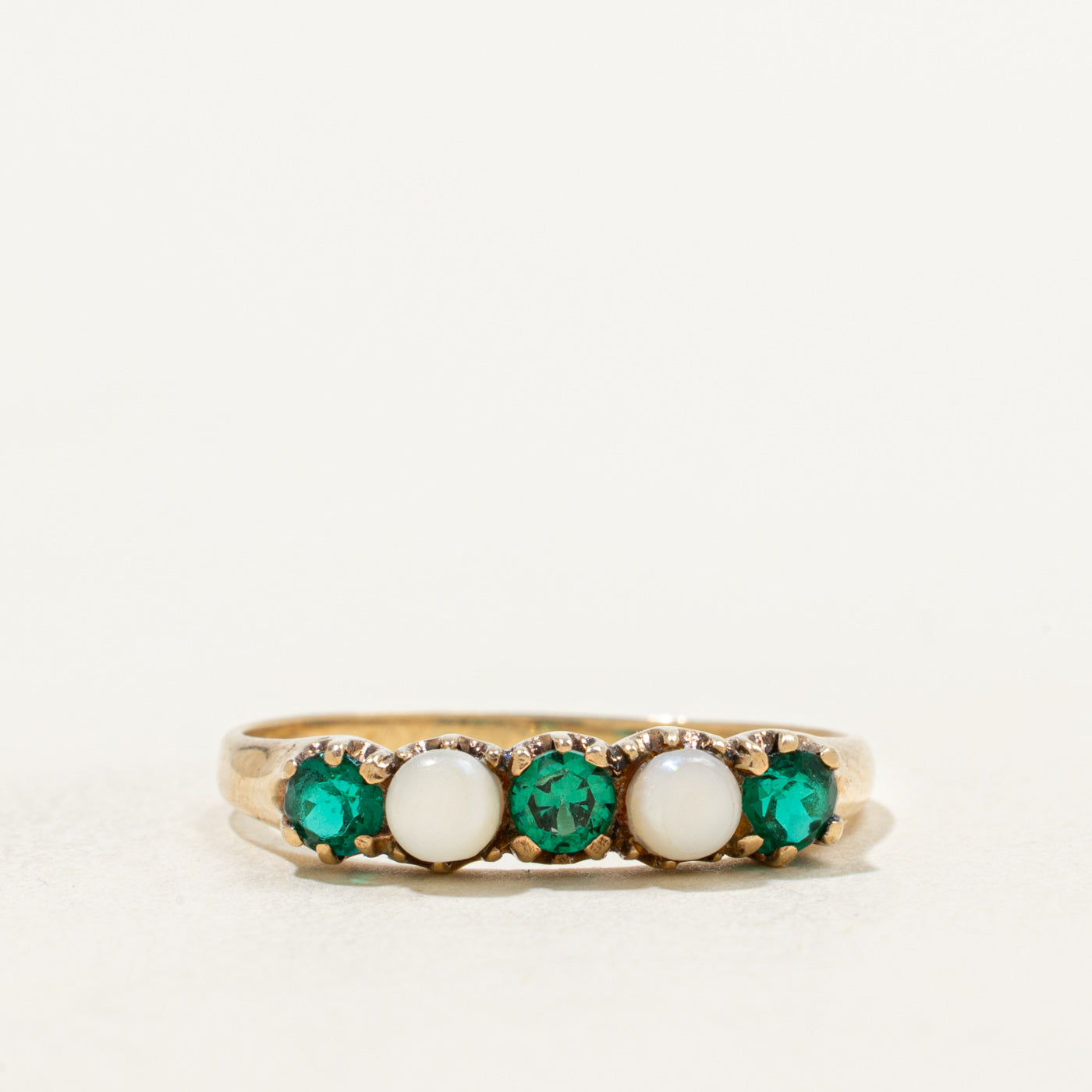 10k Five Stone Pearl & Green Glass Ring | 0.5ctw | SZ 7.75