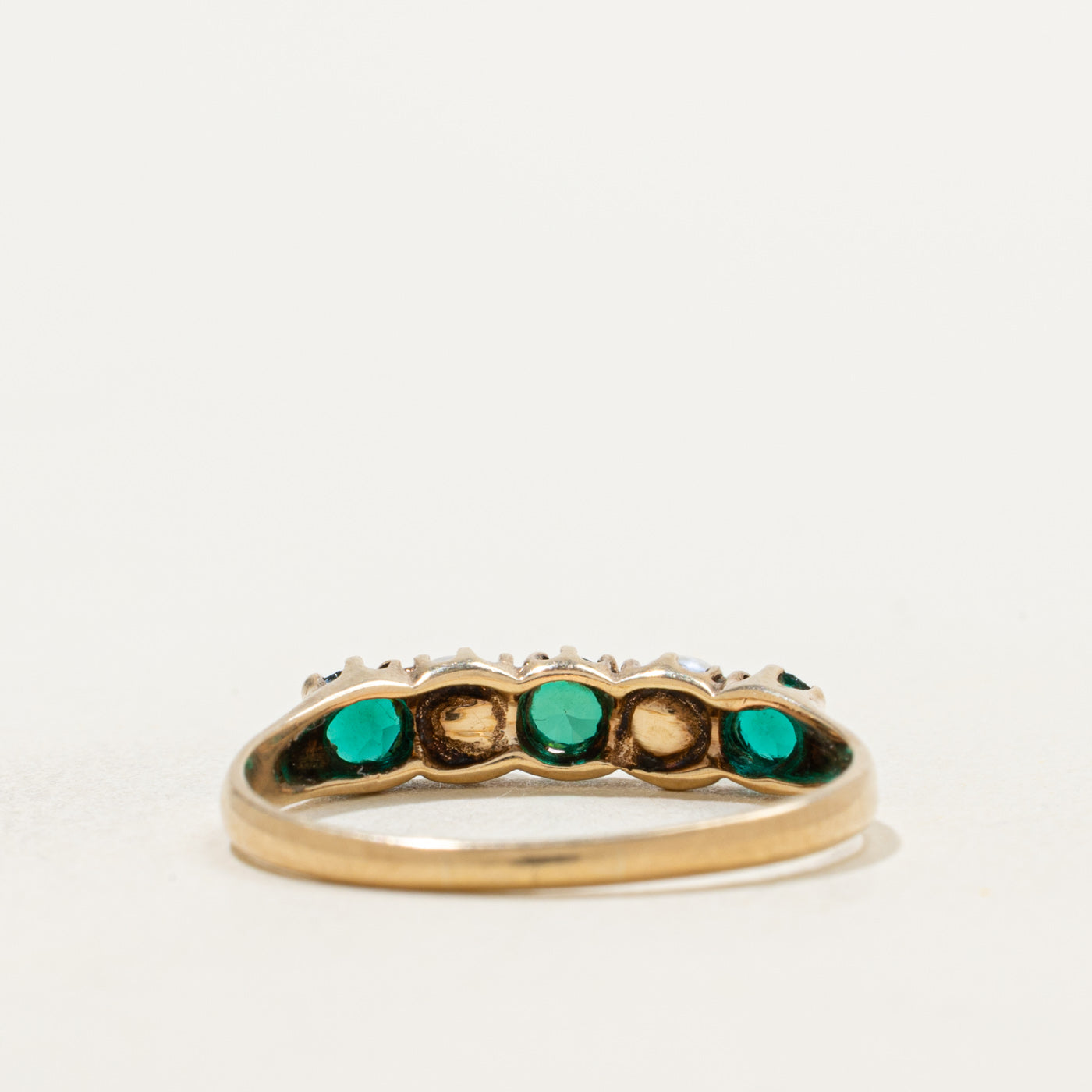 10k Five Stone Pearl & Green Glass Ring | 0.5ctw | SZ 7.75