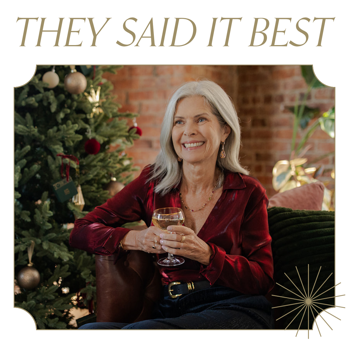 Woman wearing vintage gold earrings and necklace from 100 Ways, celebrating the holidays by the Christmas tree. Text reads "They said it best"
