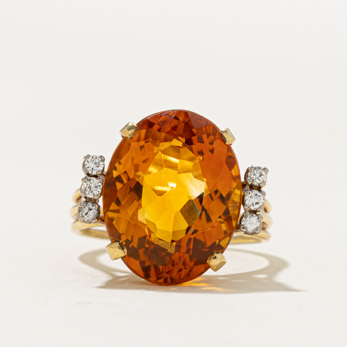 17k Oval Cut Citrine & Diamond Accented Cocktail Ring | 10.55ct, 0.12ctw | SZ 7.5