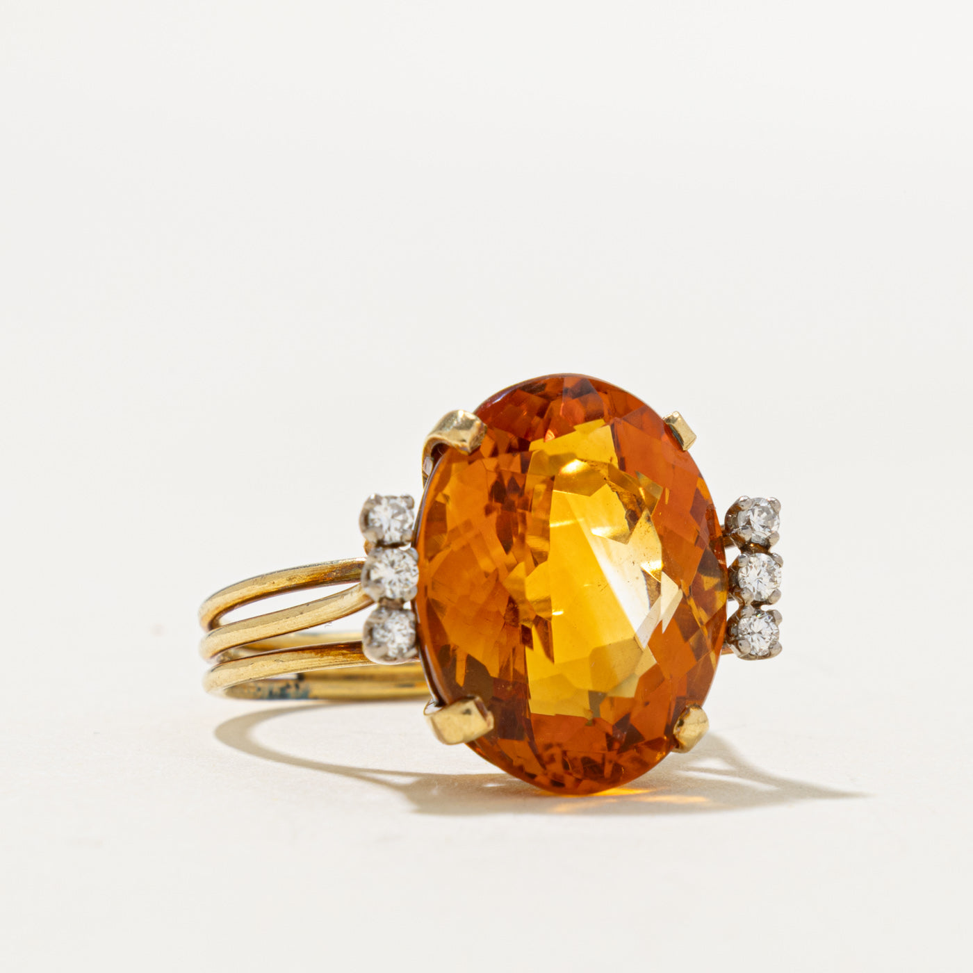 17k Oval Cut Citrine & Diamond Accented Cocktail Ring | 10.55ct, 0.12ctw | SZ 7.5