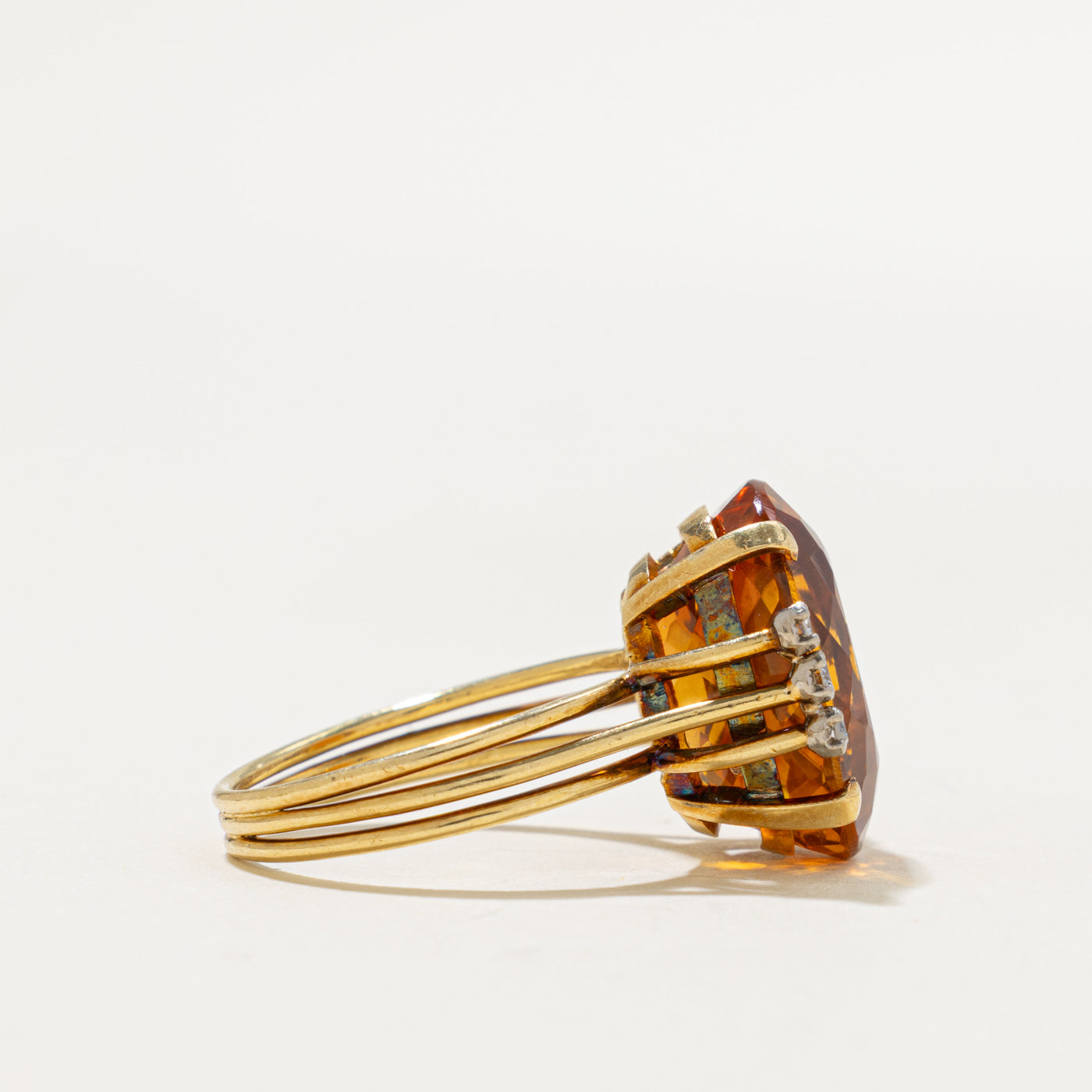 17k Oval Cut Citrine & Diamond Accented Cocktail Ring | 10.55ct, 0.12ctw | SZ 7.5