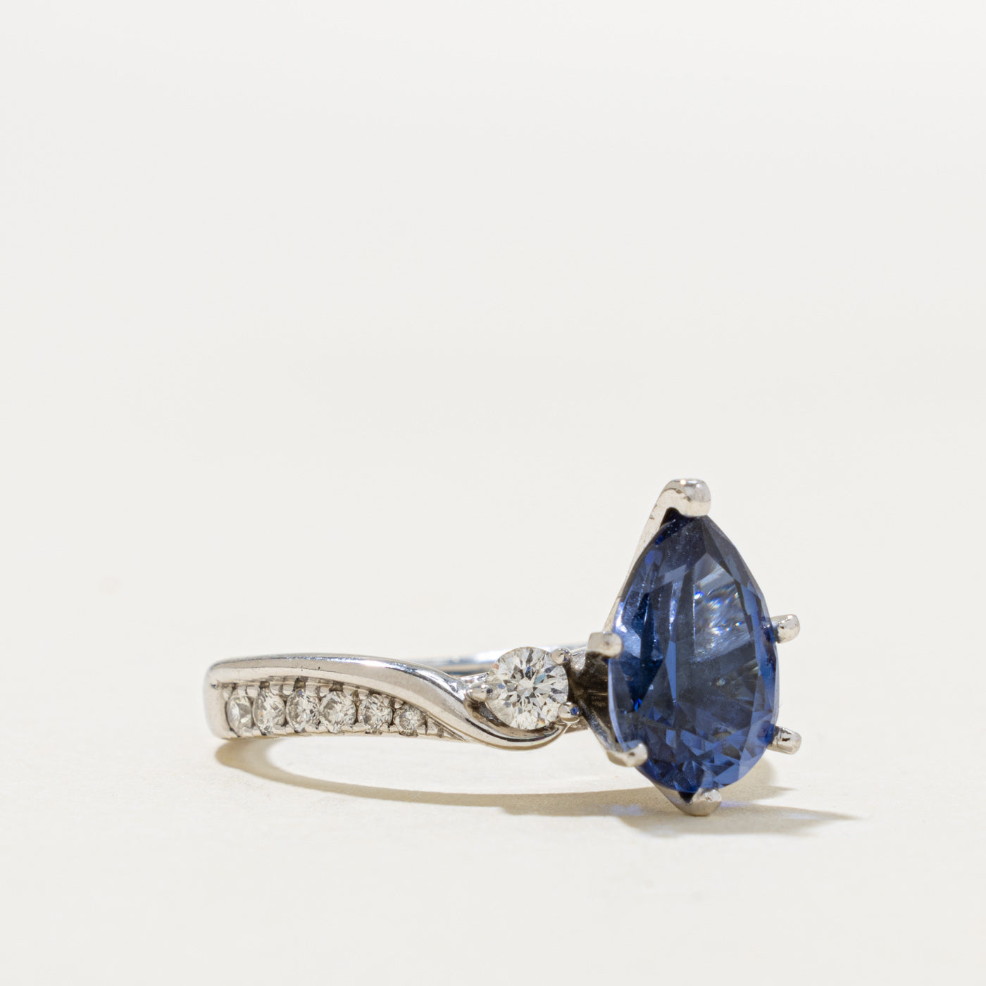 14k Pear Cut Synthetic Sapphire & Diamond Accented Ring | 2.50ct, 0.36ctw | SZ 6