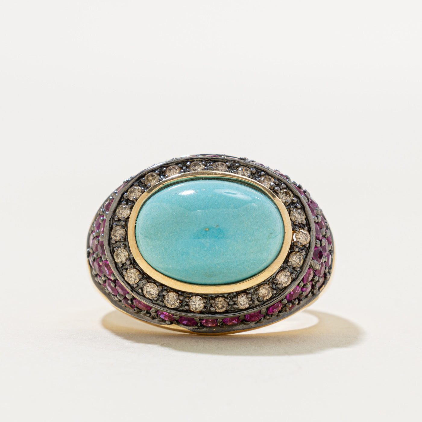 14k East West Turquoise, Pink Sapphire & Diamond Halo Dome Ring | 7.80ctw, 0.36ctw | SZ 10.25