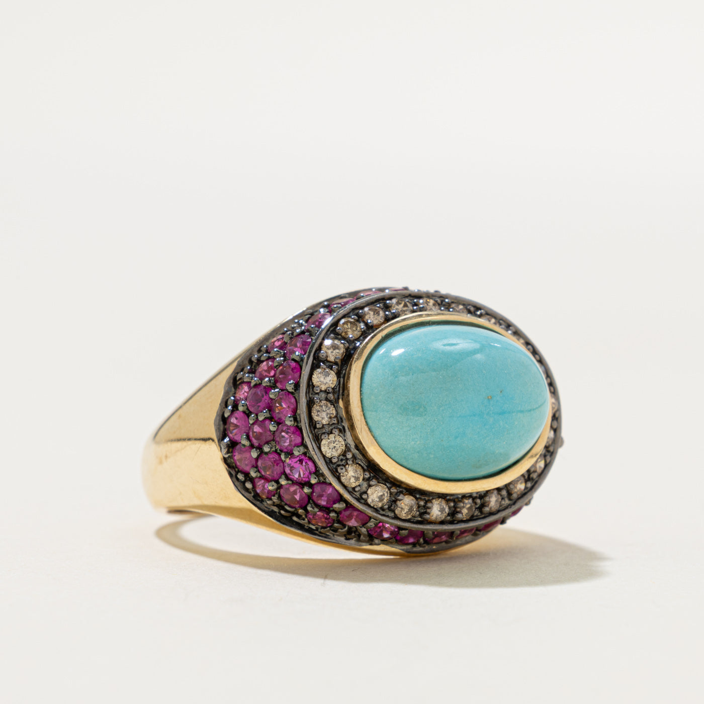 14k East West Turquoise, Pink Sapphire & Diamond Halo Dome Ring | 7.80ctw, 0.36ctw | SZ 10.25